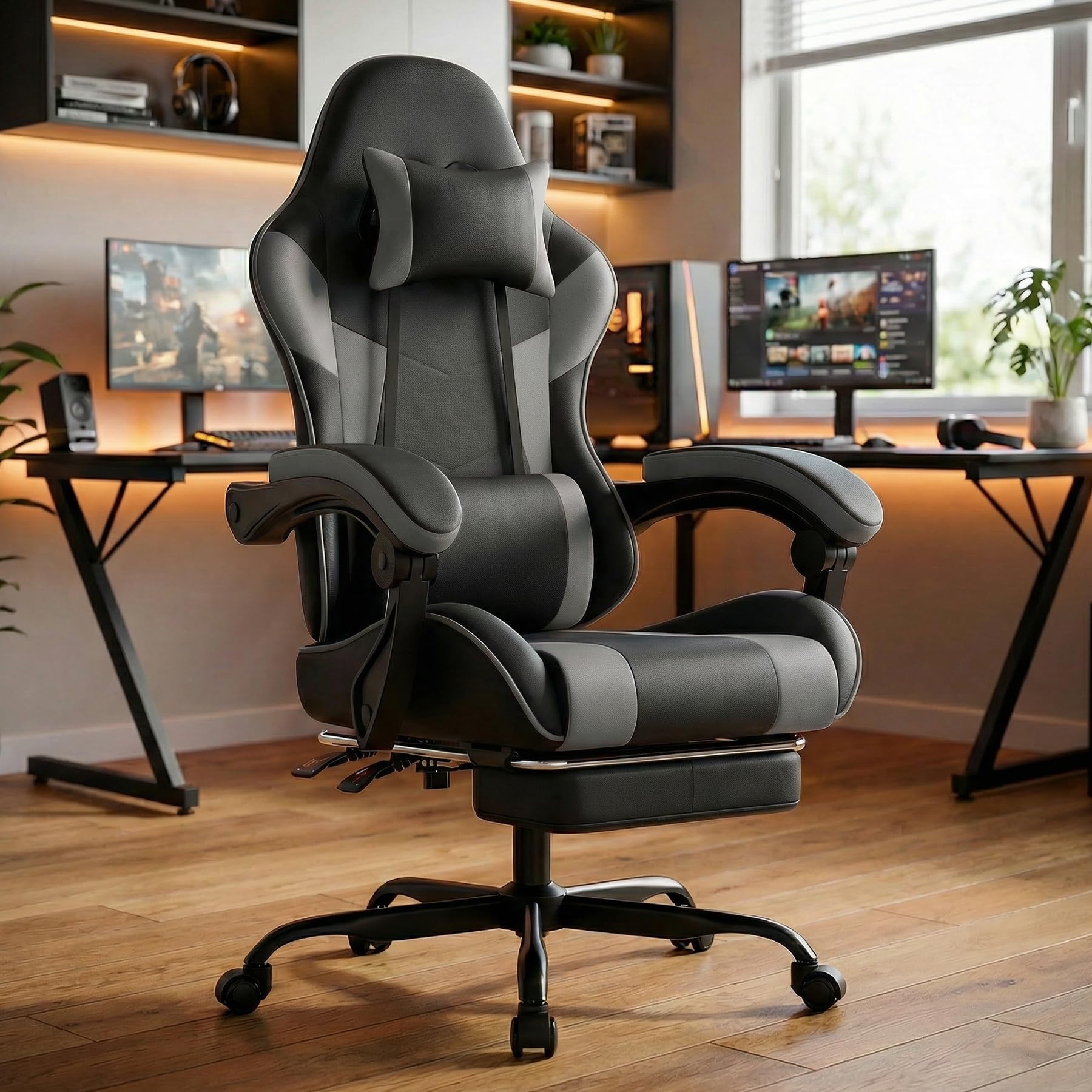 Chaise de gaming ergonomique avec repose-pieds, accoudoirs réglables, chaise de bureau, ergonomique, avec support lombaire - Noir/gris (gris)