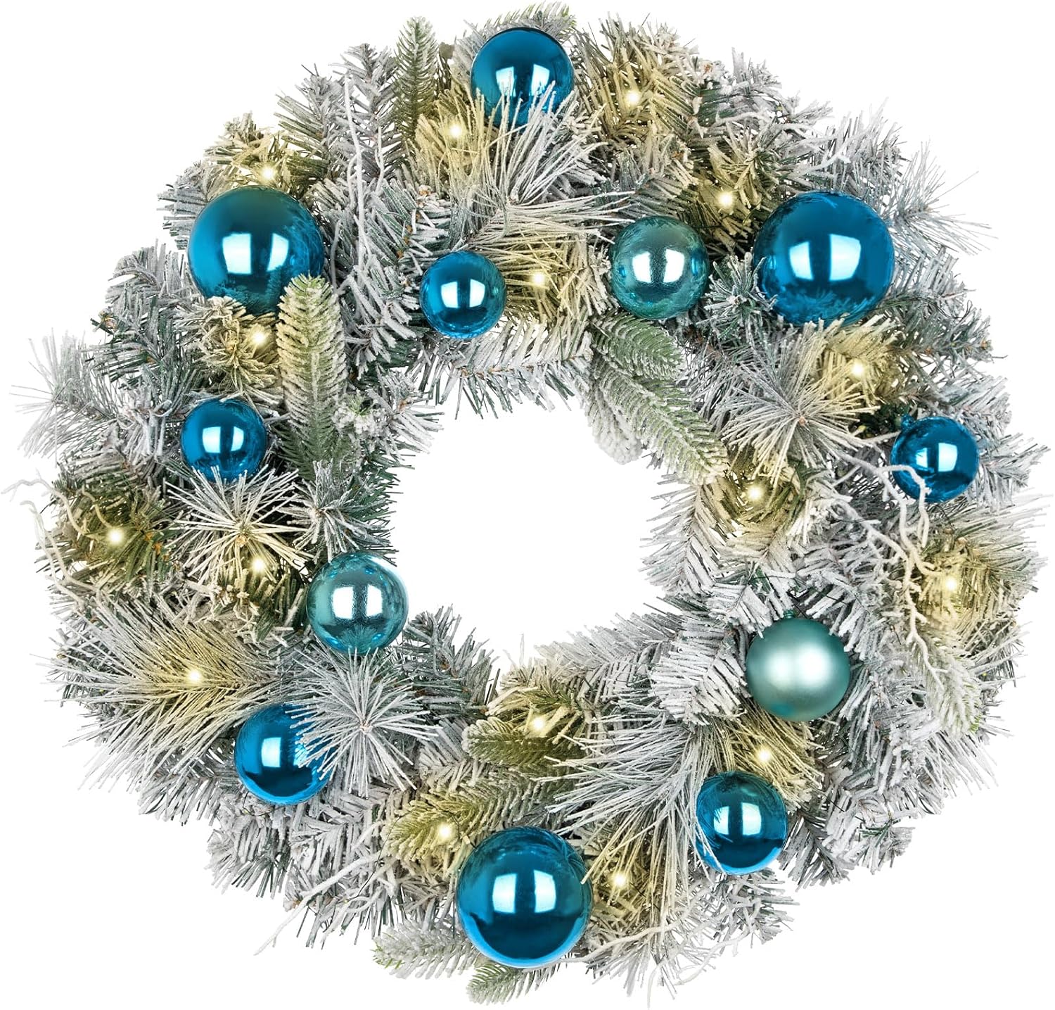 24 inch Pre-lit Christmas Wreath White and Blue,Winter Pine Wreaths with Blue Ball LED Lights for Front Door for Fireplace Xmas Decorations, Wall Window Indoor Outdoor Decor