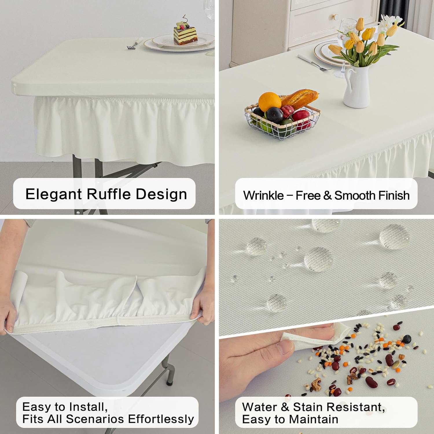 8ft Ivory Stretch Tablecloth for Rectangular Tables - Flared Wrap Design, Waterproof, Wrinkle-Resistant, Washable - Ideal for Weddings, Parties, Banquets & Table Protection