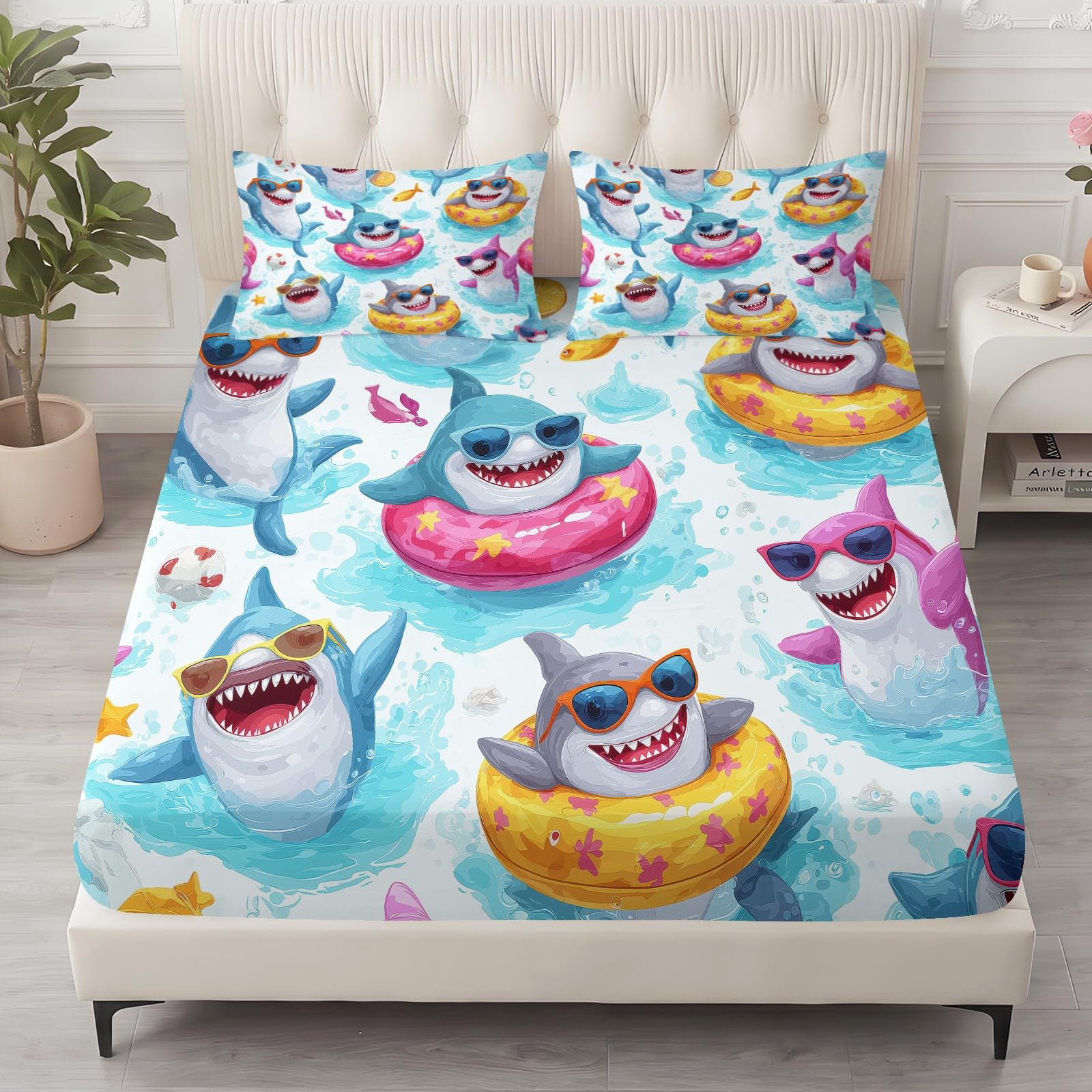 Prześcieradło z gumką z motywem kreskówki, 90 x 200 cm, miękkie, oddychające mikrowłókno – zwierzęcy, śliczny rekin, koło do pływania, prześcieradło z gumką do łóżka kontynentalnego i łóżka wodnego