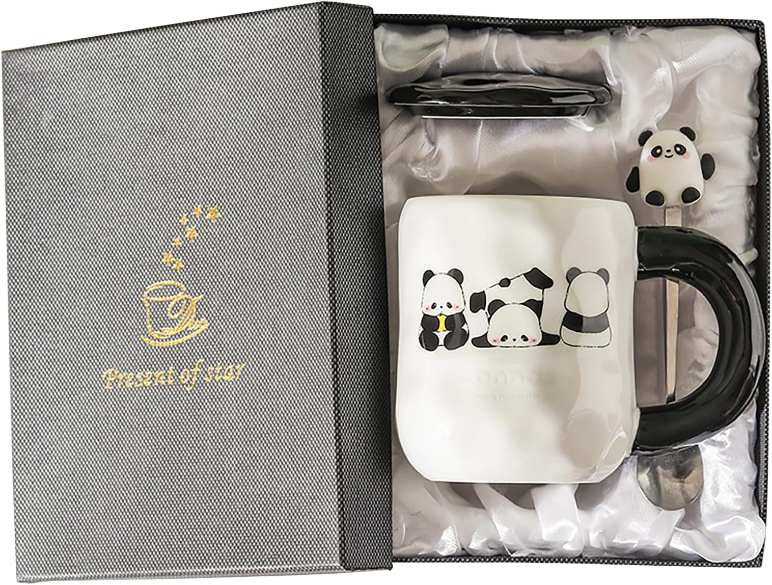 Novelty Panda Coffee Mug Gift Set With Cute Spoon And Dust Lid, 16Oz White Ceramic Tea Cup - Dishwasher & Microwave Safe, Three Pandas Wrap (White)