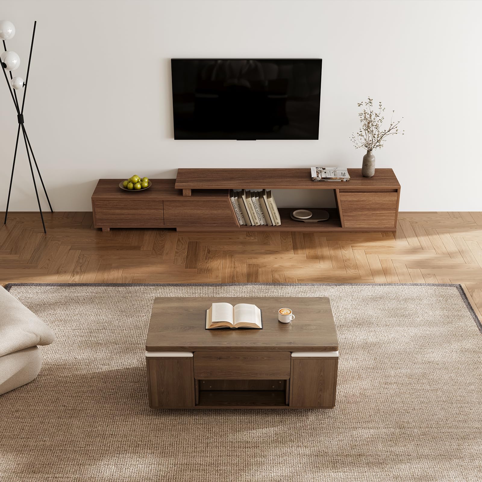 Homary Mesa de Centro Elevable con 4 Taburetes 100 X 50cm Nogal Mesa Elevable con Mecanismo Hidráulico y Almacenaje Oculto,Extensible con Rueda Bloqueable Función Convertible para Oficina o Comedor