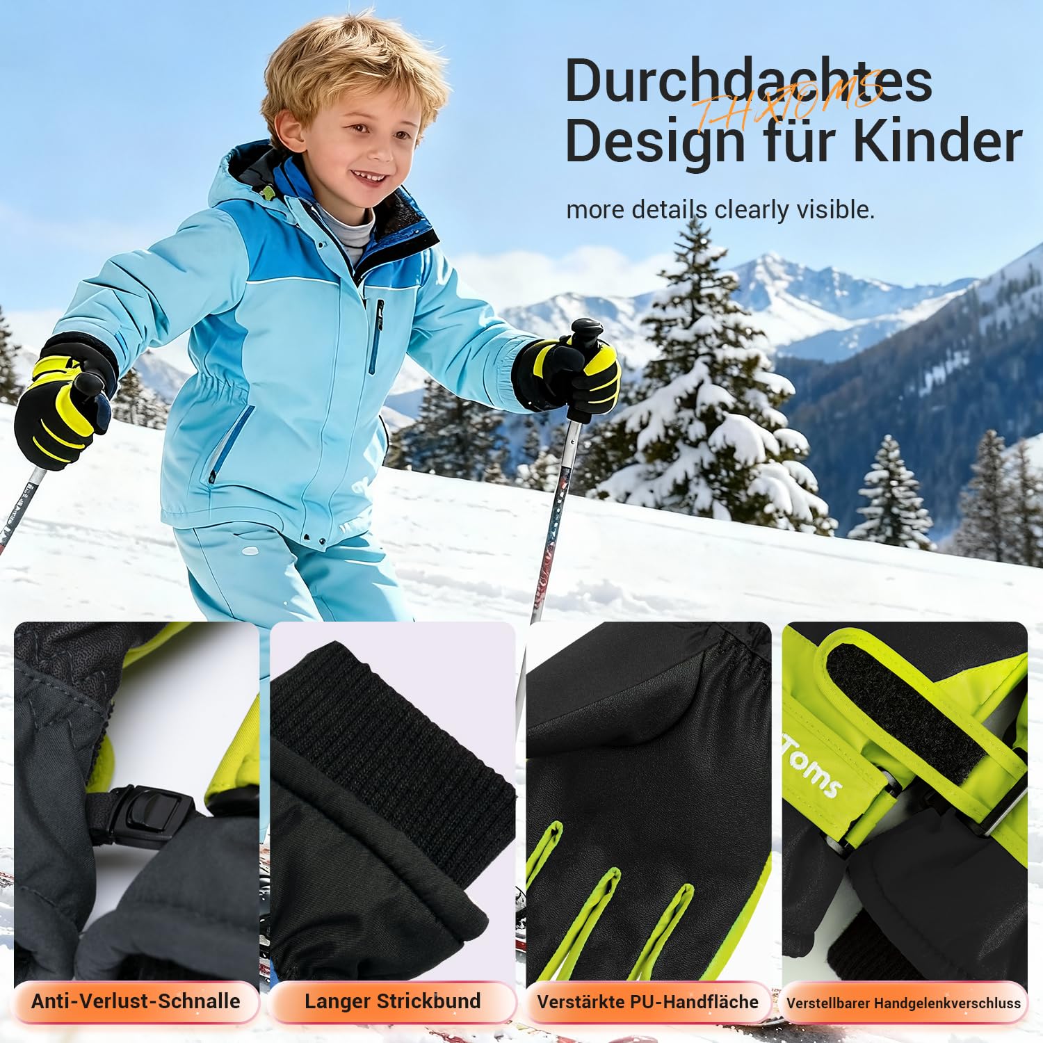 ThxToms Guanti da Sci Per Bambini Invernali, -15 °C Antivento Impermeabili Caldi Freddi, Sport All'aria Aperta, Snowboard, Ciclismo, Ragazzi e Ragazze 4-13 Anni