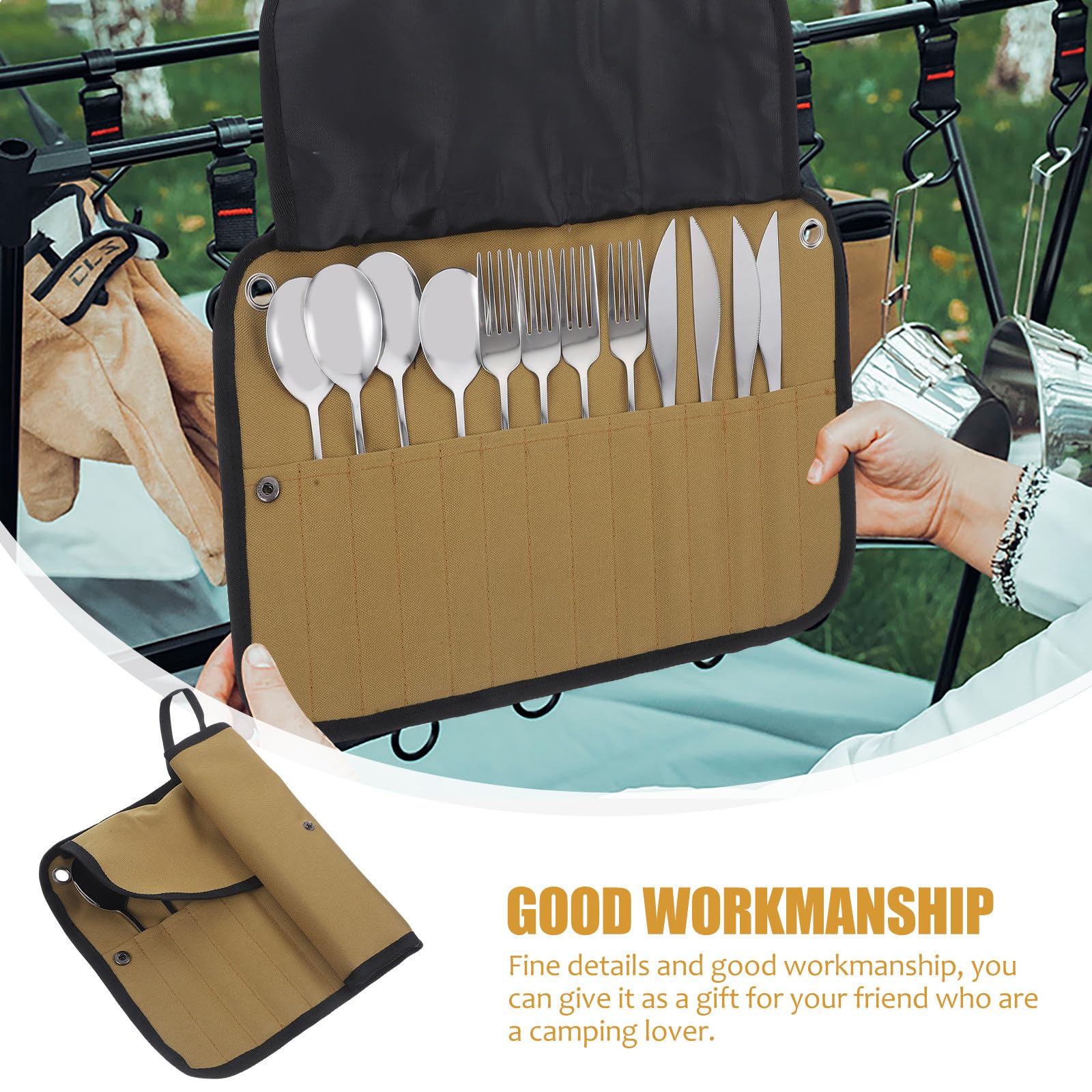 Alasum Set di Posate da Campeggio in Metallo Inossidabile e Nylon, Facile da Pulire e Portatile, per Picnic e Ristoranti, Completo Organizer