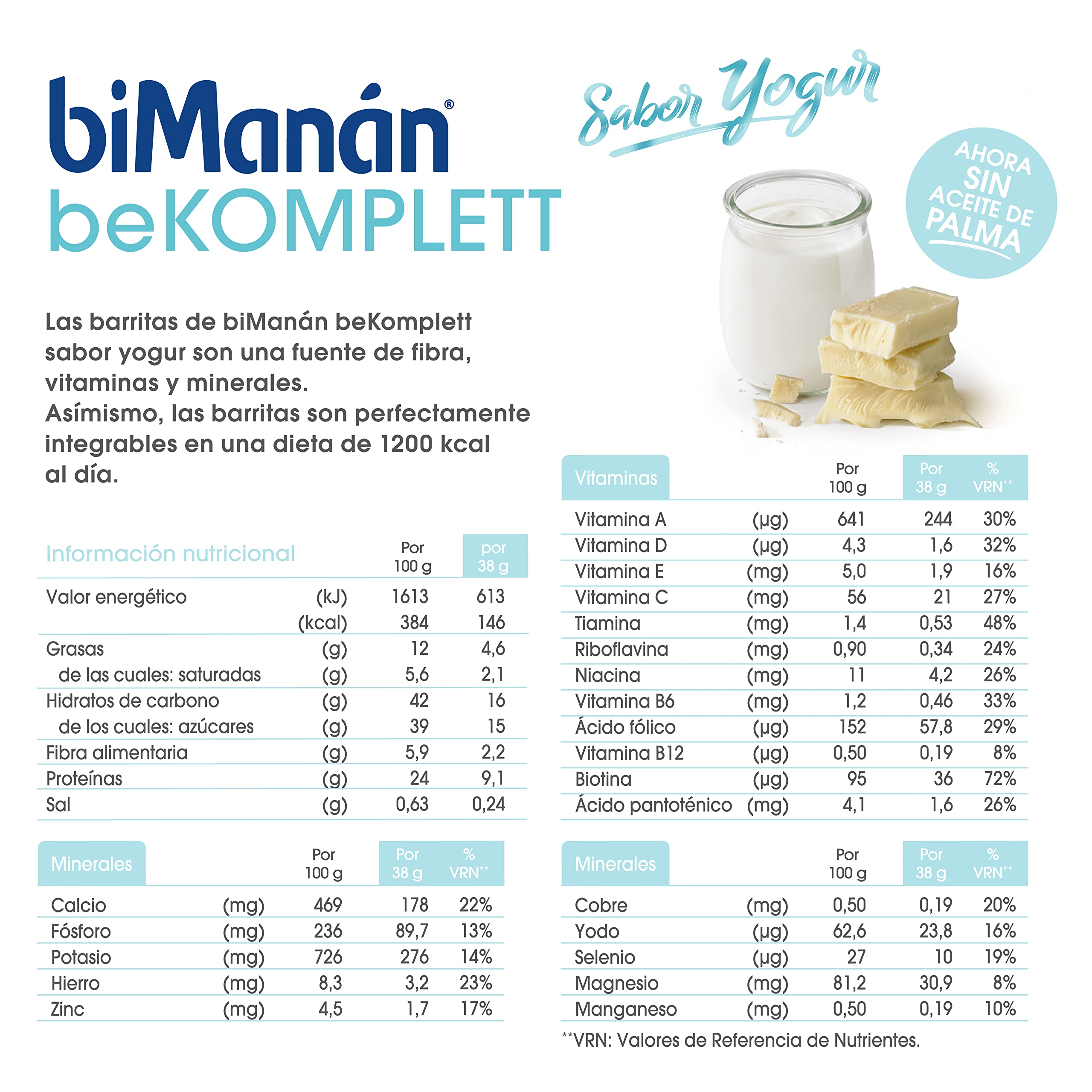 BIMANÁN beKOMPLETT Barritas sabor Yogur, Ricas en proteínas y fuente de fibra, con 12 vitaminas y 10 minerales Sin gluten - Expositor 24 unidades