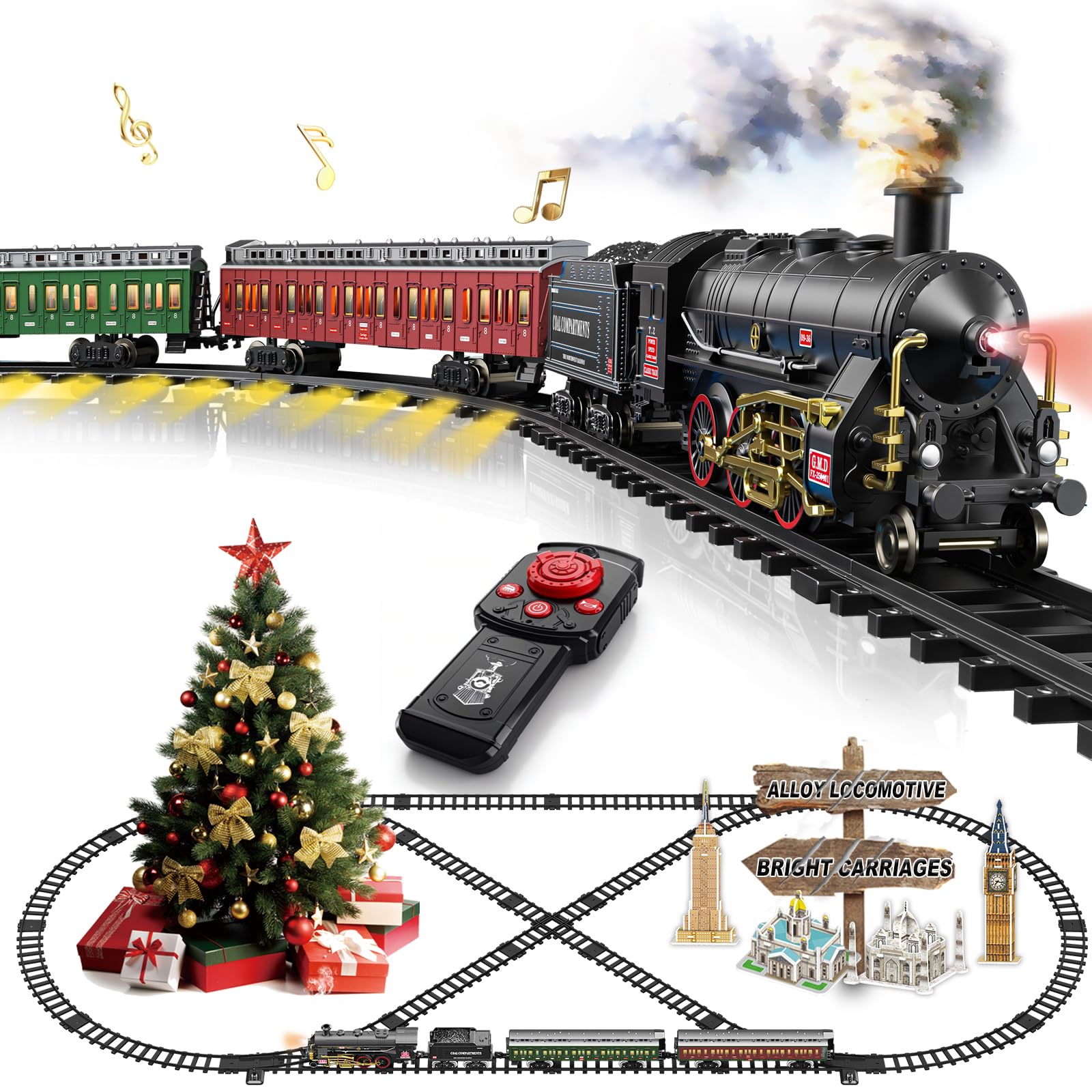 Electric Remote Control Train Set Metal Alloy Steam Locomotive with Glowing Passenger Carriages Smoke, Sound & Light Luxury Tracks Train Christmas Birthday Toy Gift for Boys Kids