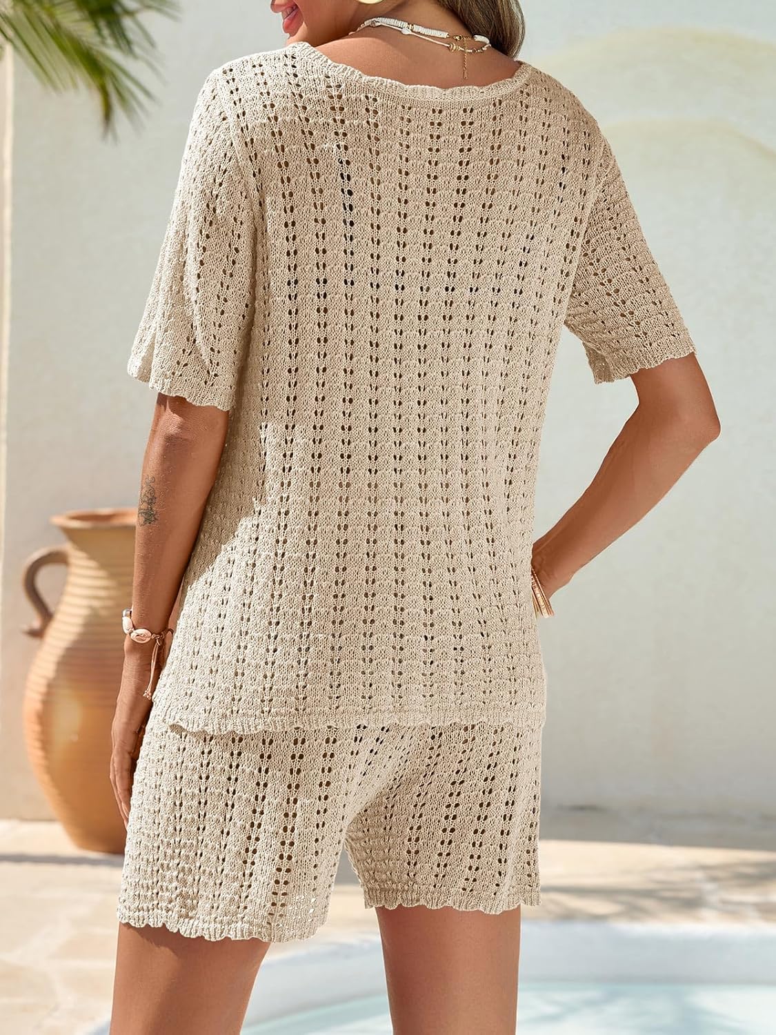 Saodimallsu Women Crochet 2 Piece Swimsuit Cover Up Short Sleeve Knit Tops Shorts Sets Summer Beach Vacation Outfit - Image 6