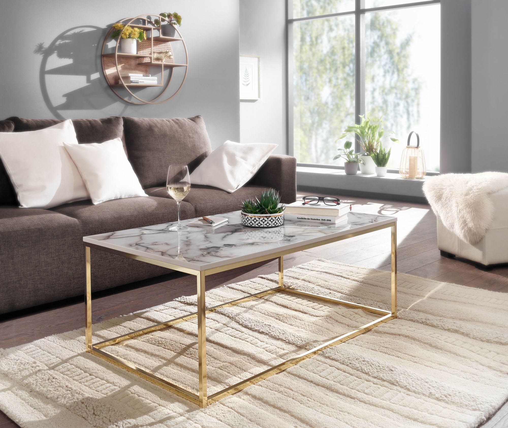 FineBuy Couchtisch 100x60x40 cm Weiß Marmor-Optik, Goldgestell | rechteckiger Wohnzimmertisch pflegeleicht, Sofatisch mit sicherem Stand, Loungetisch für Deko