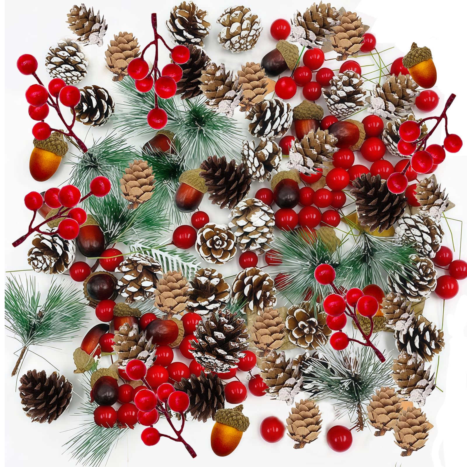 120 Pcs Christmas Wreath Decorations,Artificial Picks Fake Christmas Red Berry Pine Needles Natural Pine Cones Acorn for DIY Xmas Crafting Gift Wrapping Flower Arrangements Wreaths Wedding Ornaments