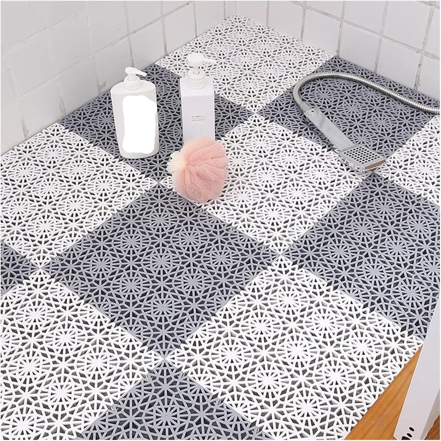 Tapis de salle de bain en PVC dalles clipsables grises et blanches de 30x30 cm lot de 25