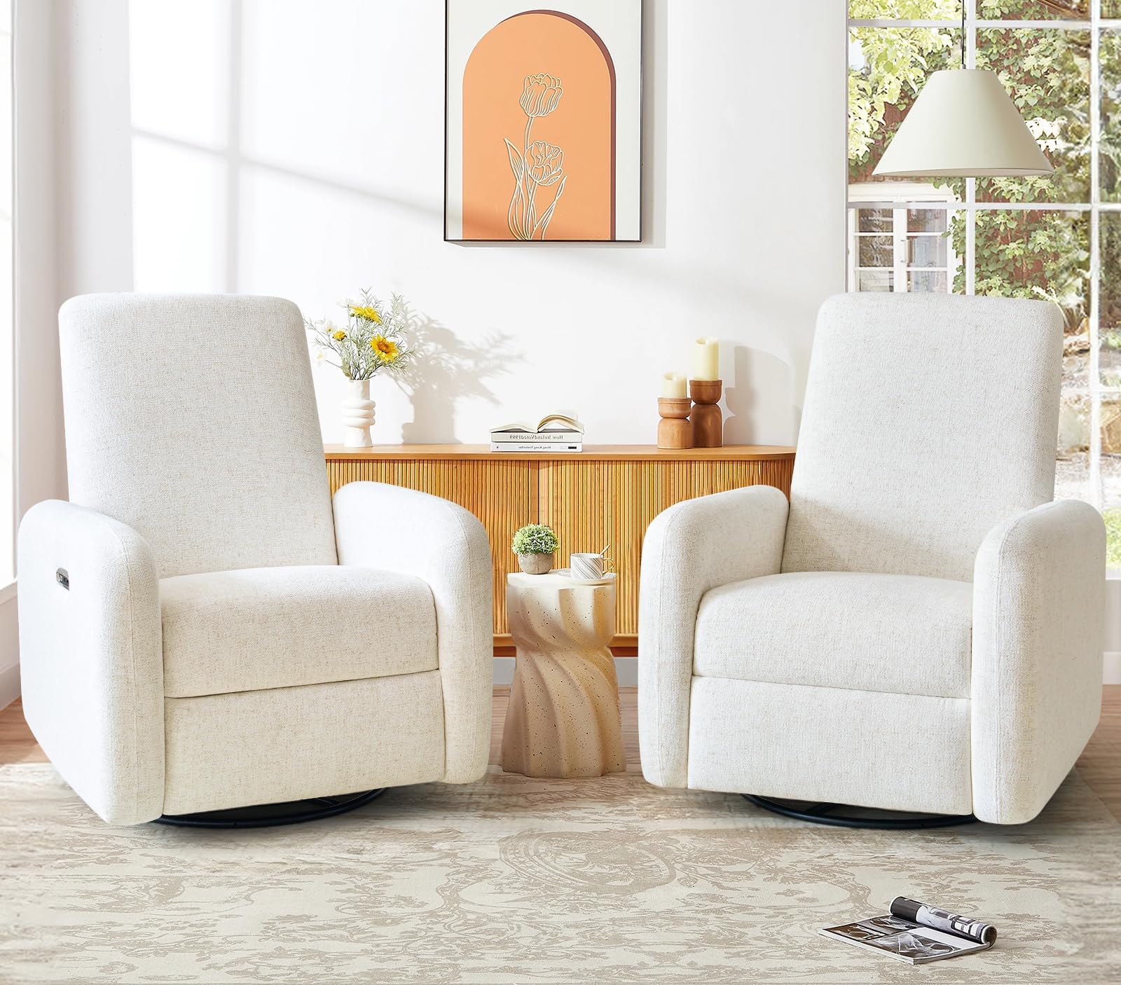 SENYUN (センユン) パワーリクライニングチェア 回転式ロッカーリクライニングチェア USB&Type-C充電ポート付き シェニール織布張り回転式ロッカーグライダー リクライニングチェア 保育園 リビングルーム 寝室用 2個セット クリーム