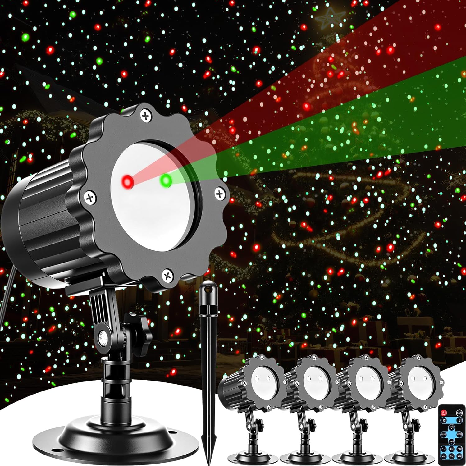 eBoot 4 Sets Christmas Laser Lights Projector Outdoor Waterproof Christmas Laser Lights with Remote and Timer, 2 Colors 4 Flashing Modes Landscape Spotlight Red and Green Stars for Xmas Indoor Decor