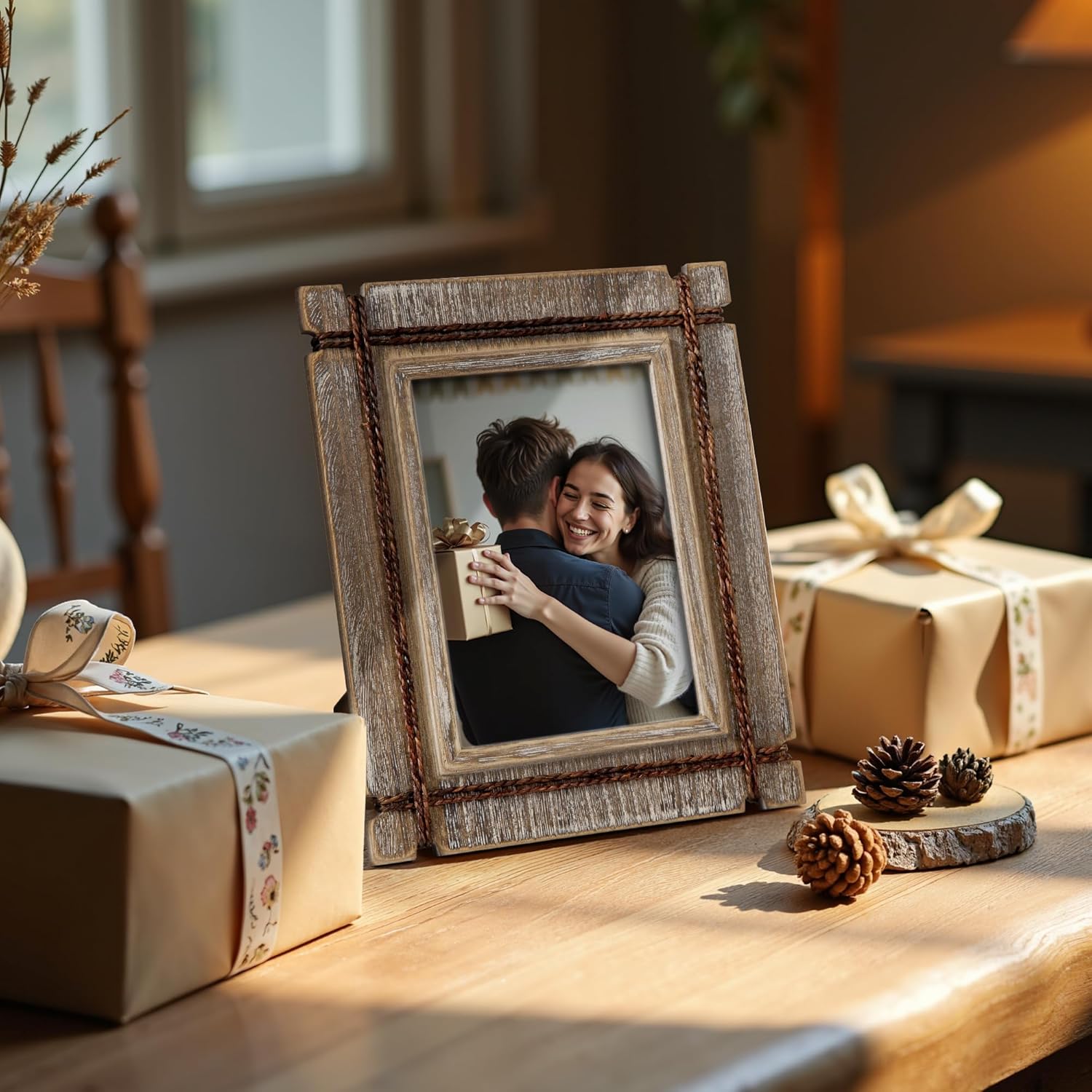 Afuly 5x7 Picture Frames Set of 2 Rustic Wood Farmhouse Distressed Western with Real Glass & Hemp Rope Unique Wall Hang Desktop Photo Display Home Decor Birthday Gifts for Mom Dad Friends