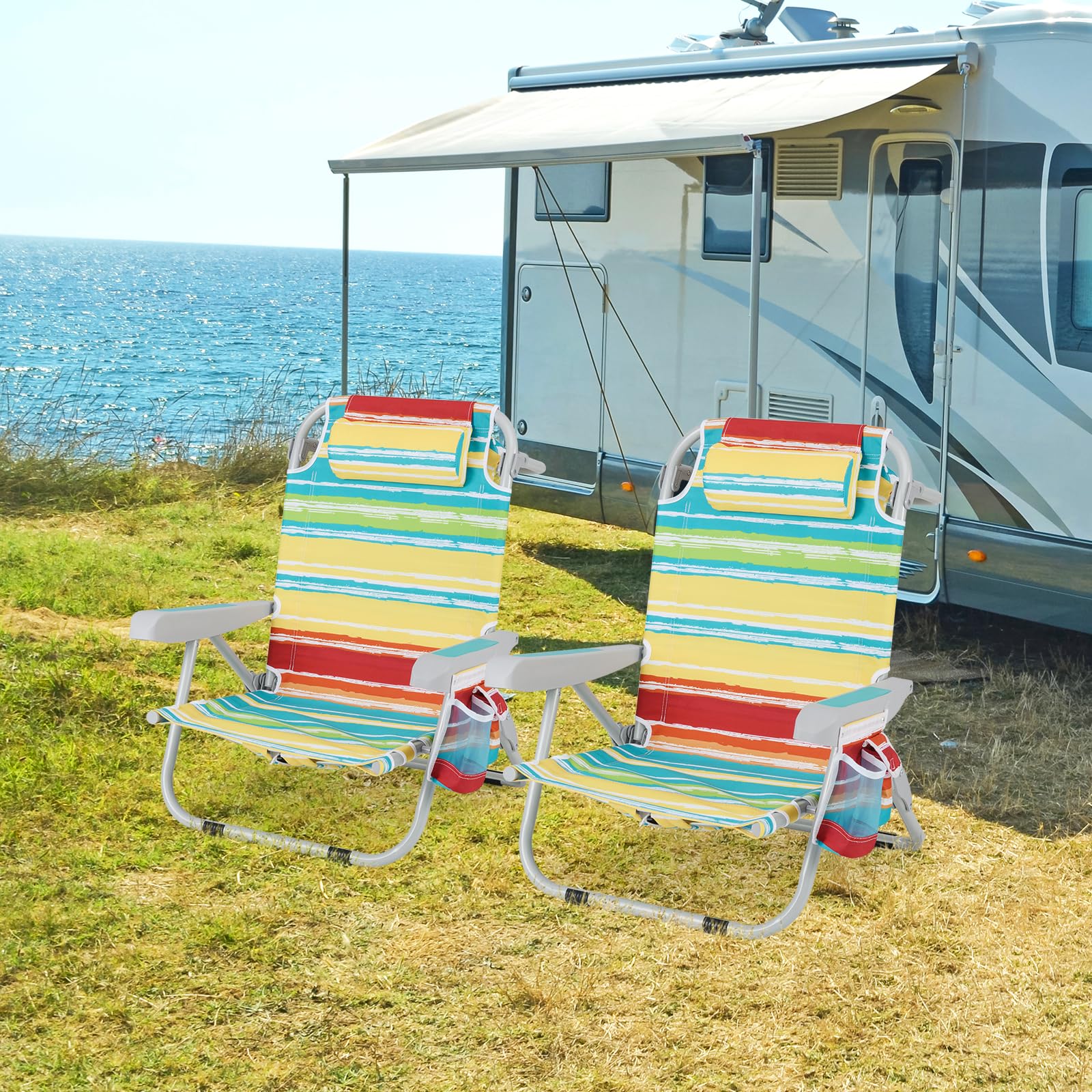 GIANTEX Silla de Playa Plegable con Bolsa de Almacenamiento, Bolsillos Laterales, Reposacabezas y Soporte para Toallas, Respaldo Ajustable 5 Niveles (2, Rayas Coloridas, 65 x 66 x 78 cm)