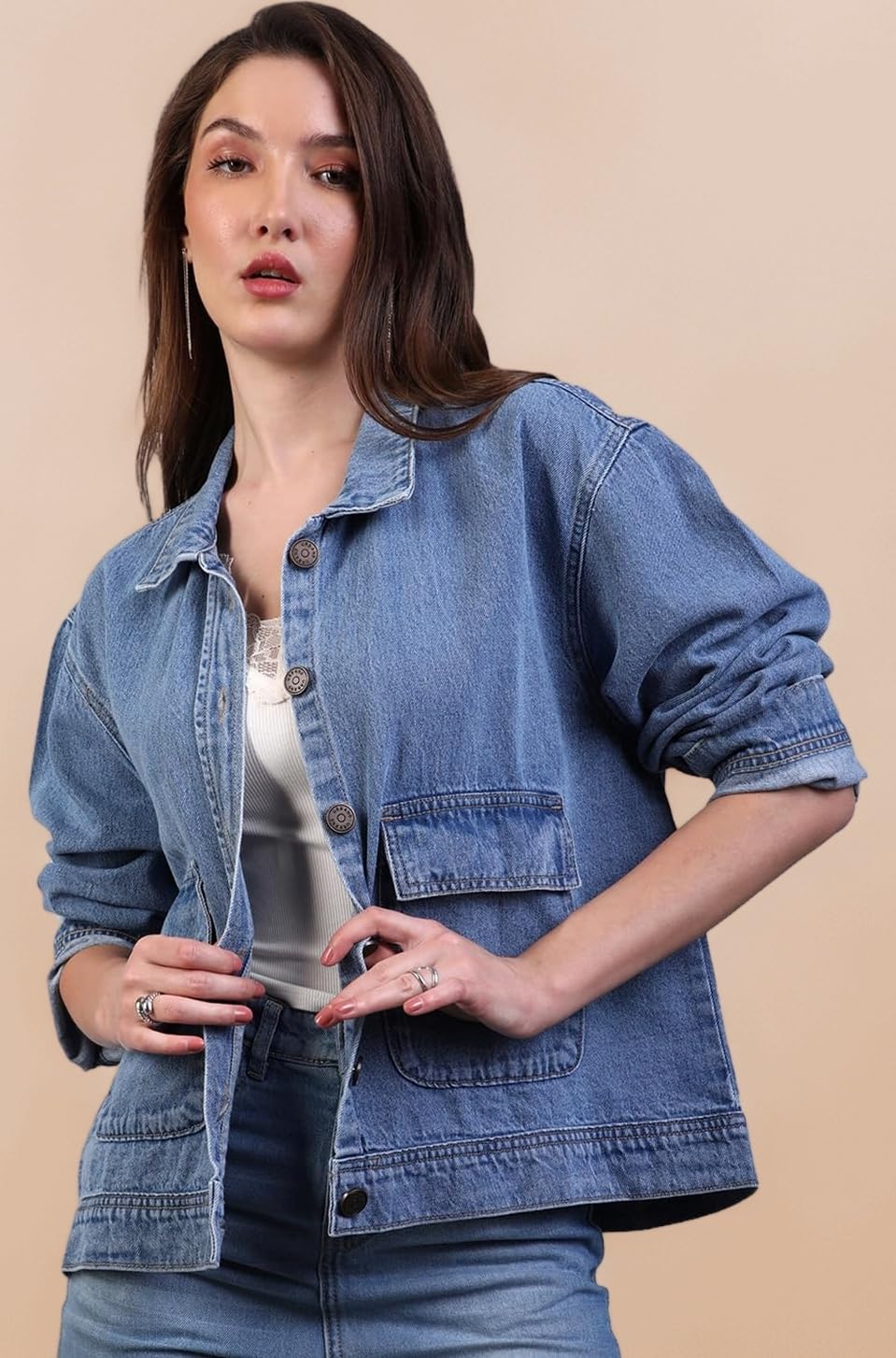 - Women's Relaxed Fit Full Sleeve Utility Denim Jacket