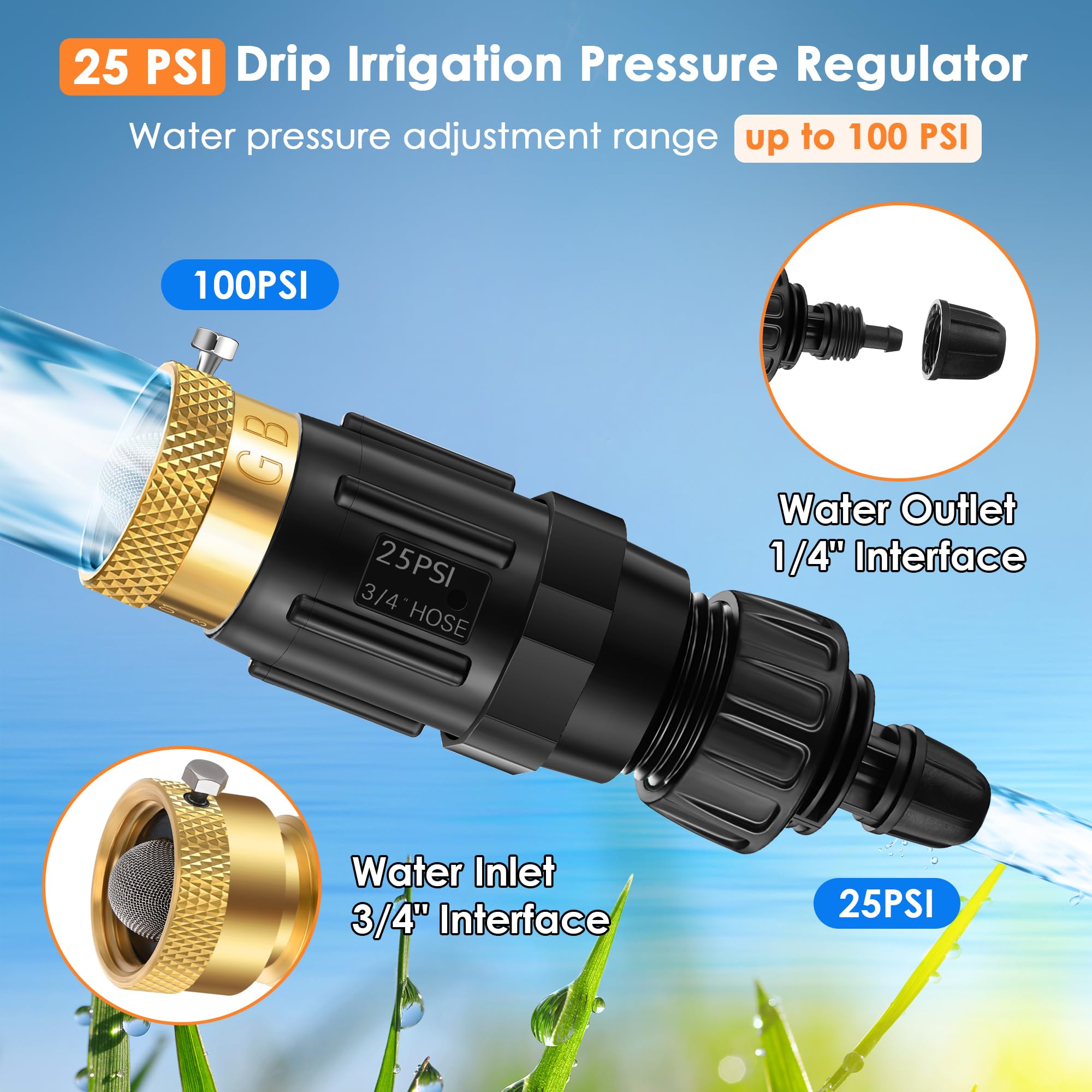 Adaptador de grifo de riego por goteo de 25 PSI, tubo de 1/4 pulgadas de conexión rápida a manguera de jardín de 3/4 pulgadas con prevención de reflujo, filtro, cinta de fontaneros, regulador