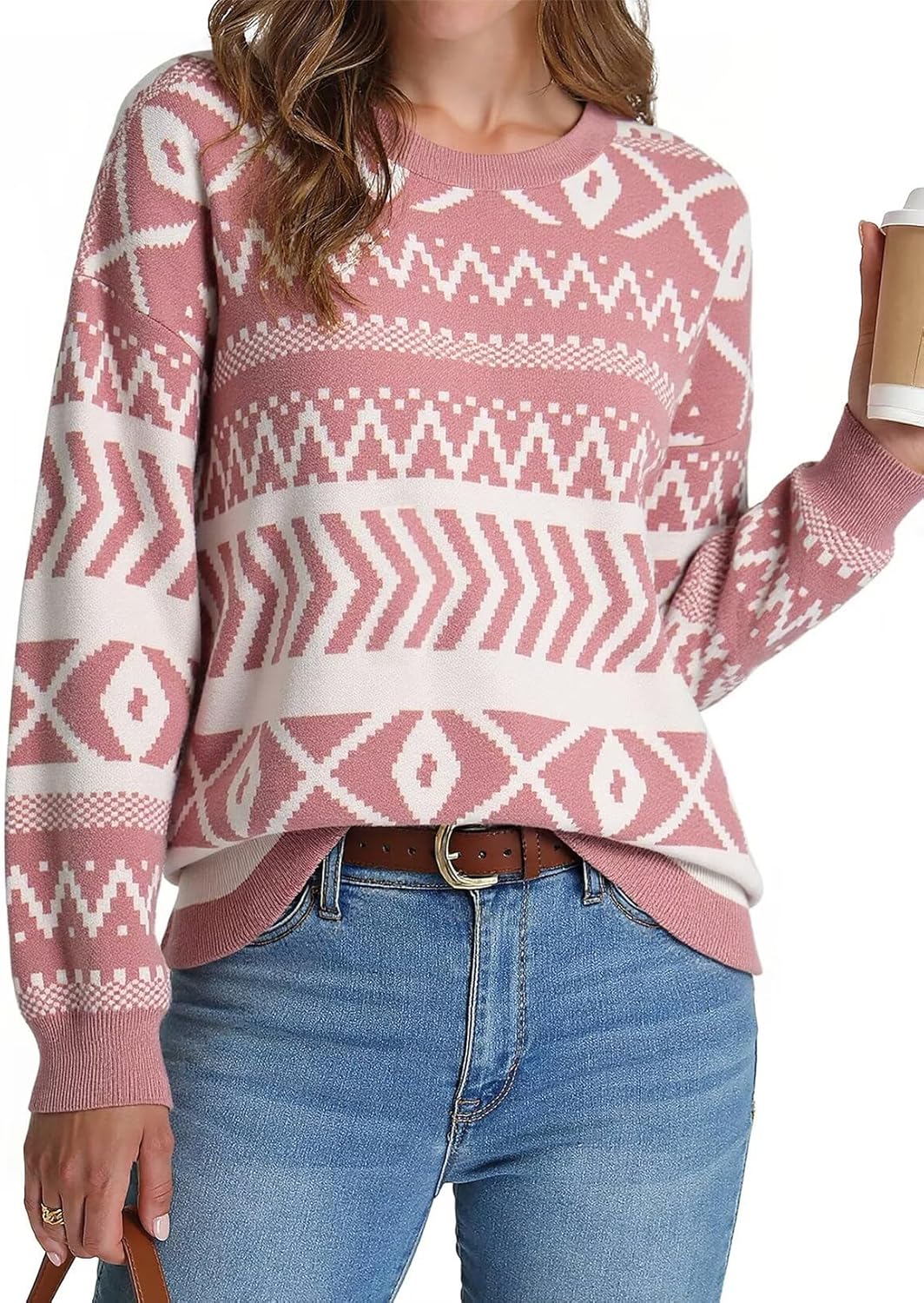 Dokotoo Women's Long Sleeve Crewneck Sweater 2025 Pullover Knit Tops Cozy Sweaters for Women Fall Clothes Large Fushia