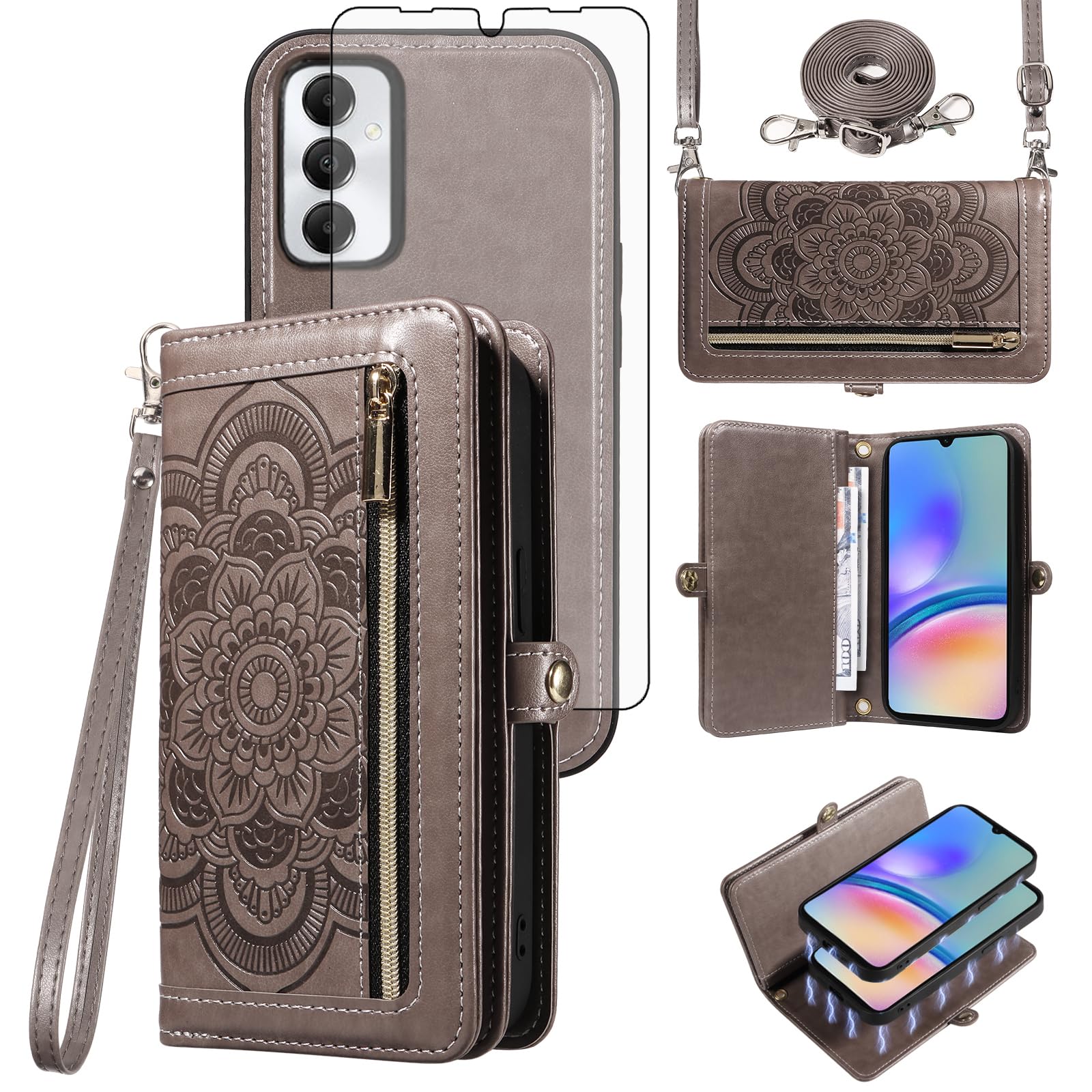 Asuwish Custodia per Samsung Galaxy A05s/A05, con pellicola protettiva, scomparto per carte di credito, pieghevole, in pelle, motivo floreale, con supporto, chiusura lampo, grigio