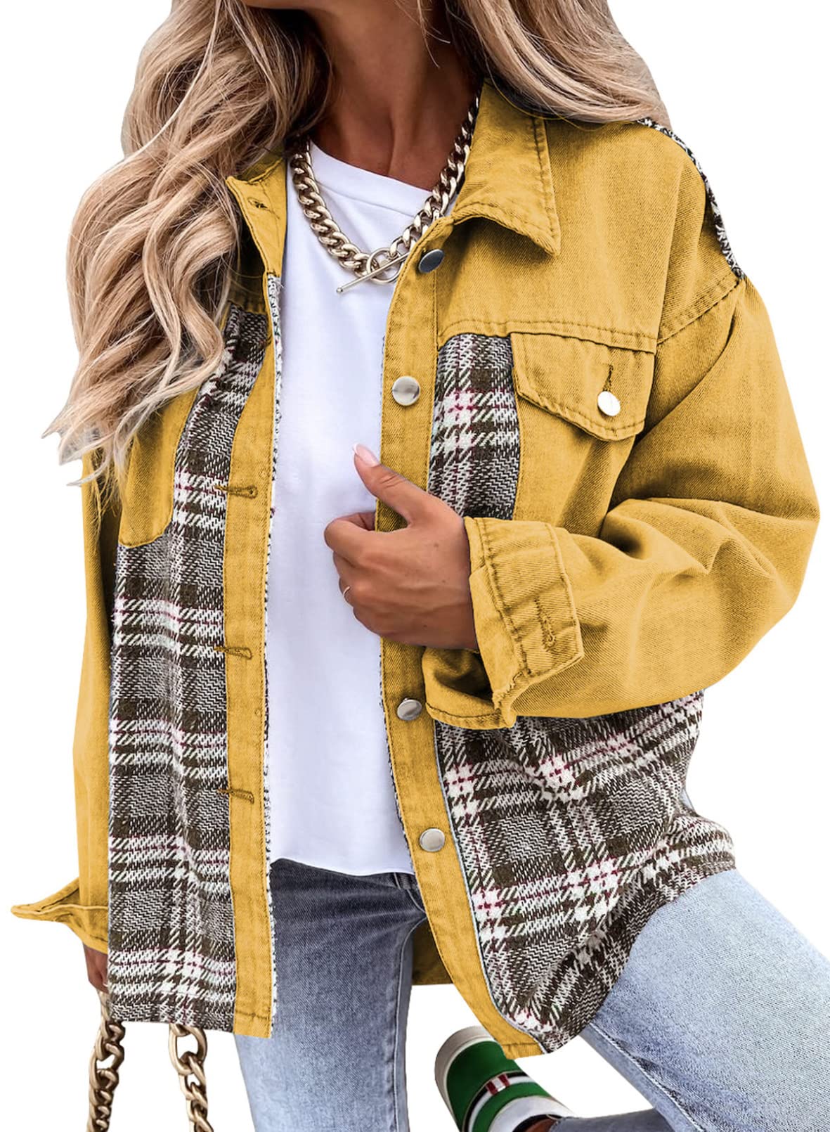 Photo 1 of Astylish Women Jean Jacket Long Sleeve Button Down Plaid Oversized Denim Shacket Jackets Small Yellow