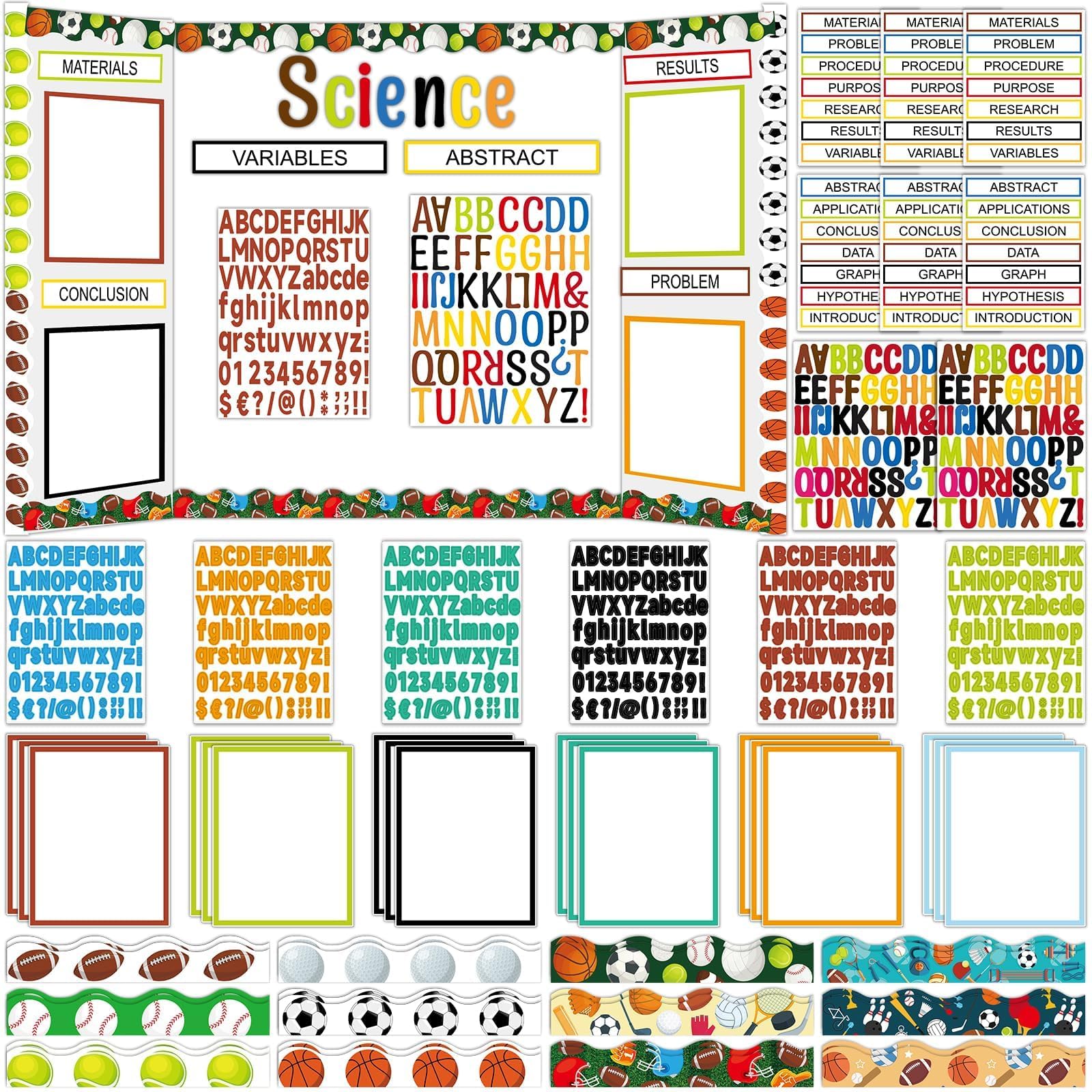 Science Fair Board Supplies 122 Pack, 72 Scalloped Borders, 36 Subtitles, 6 Stickers, Project Title, 8 Letter Stickers for Classroom, Office (Sports)-image-43
