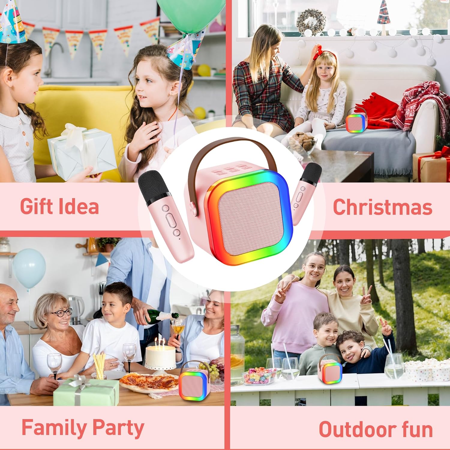 Mini Karaoke Machine: Portable Bluetooth Karaoke Speaker with 2 Wireless Microphones for Family Home Party -Singing Speaker System - Stage-subwoofers (P-Ink) - Image 9