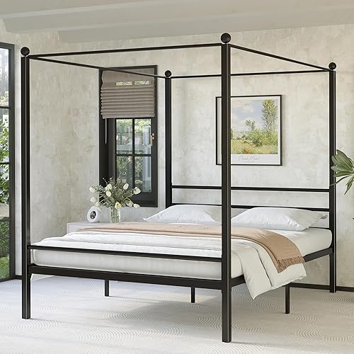 Full Canopy Bed Frame, Four Poster Metal Full Size Canopy Bed Frame, Heavy Duty Mattress Foundation with Underbed Storage, No Box Spring Needed, Easy Assembly, Black