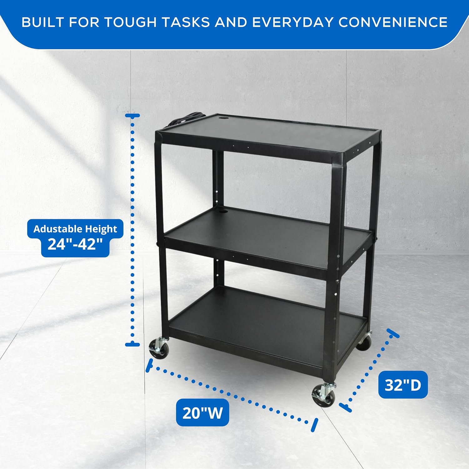 FSE 373-AVJ42XL Extra-Large Adjustable-Height Steel AV Cart Three Shelves Black Electric