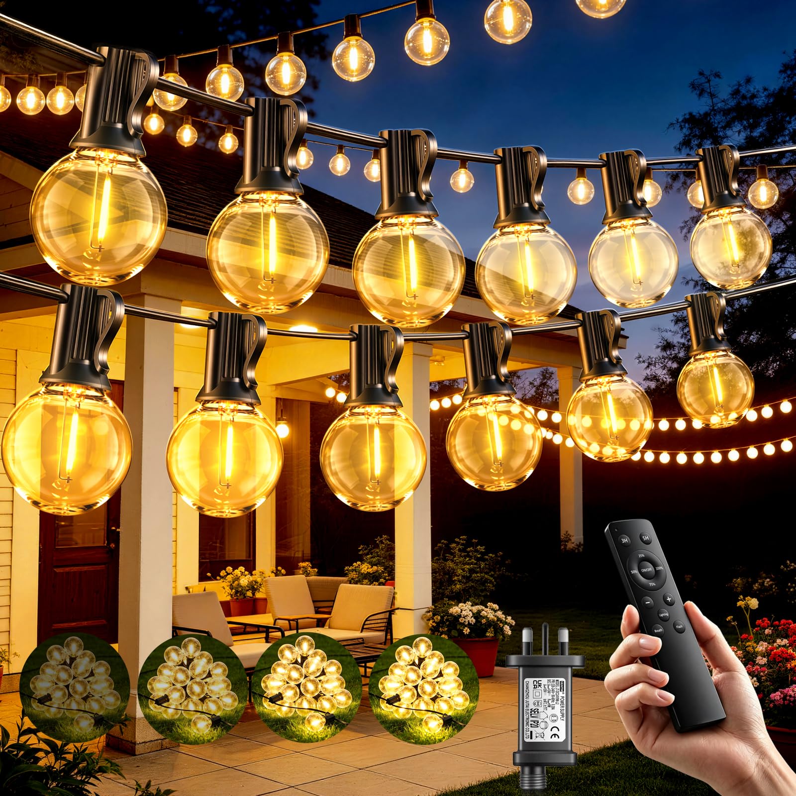 Garden Outdoor String Lights Mains Powered 65Ft 20M, G40 25+2 LED Bulbs Festoon Light with Remote, Dimmable, 3H/5H Timer, Waterproof, for Outside Gazebo Pergola Backyard Porch Terrace Party Festival
