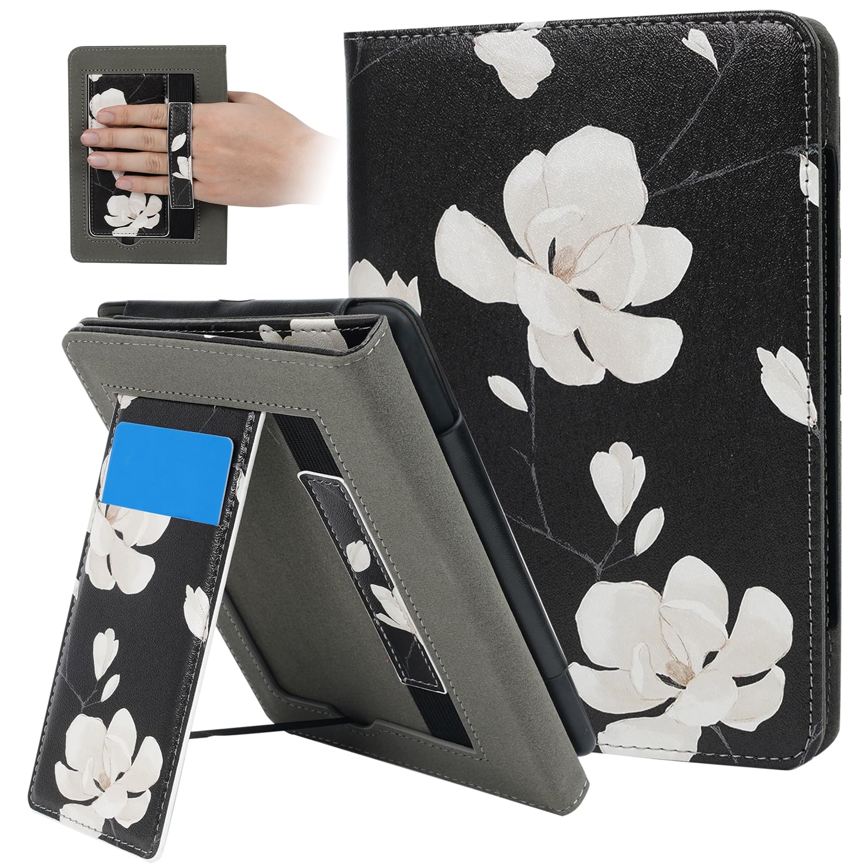 Custodia con supporto per Kindle Paperwhite da 7"/6" (12a/11a generazione-2024/2021) e Kindle Colorsoft Signature Edition - Custodia sottile e resistente in pelle PU con cinghia da polso