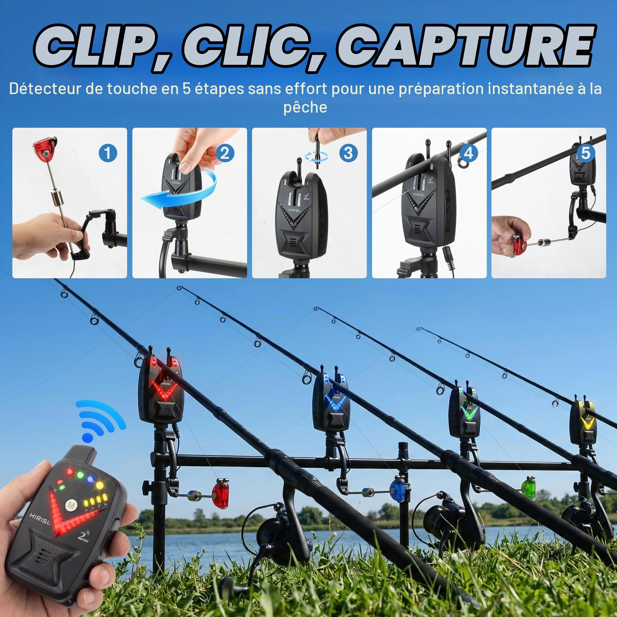 Hirisi Tackle Kit de détecteurs de touche pour carpe avec récepteur radio, qui sert également de télécommande, veilleuse et antivol - Sensibilité de pêche, volume et son réglables.
