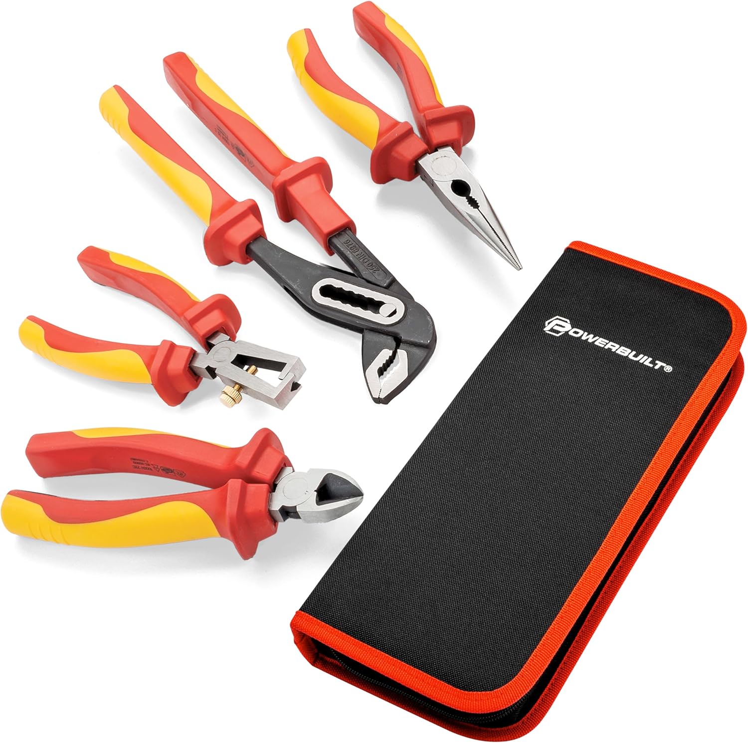 Powerbuilt 4-Piece VDE Pliers Set, Adjustable, Long Nose, Snip Pliers, High-Voltage Electrical and Hybrid Vehicles, Home Repair, Certified High-Quality - 642939