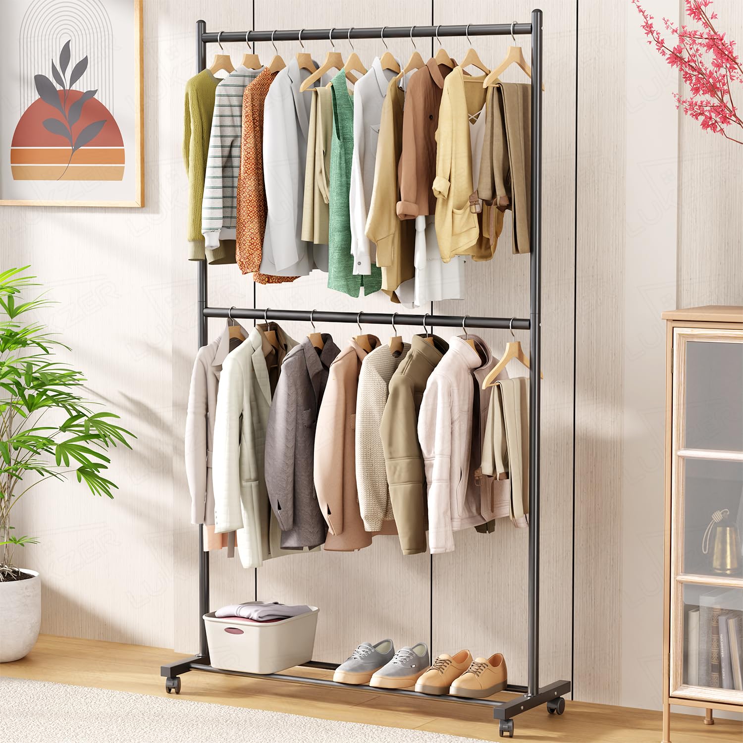 Lukzer Double Rod Cloth Stand & Garment Rack – Rolling Clothing Organizer with Wheels, Black Design (MGS-006/183x110x40 cm) for Hanging Clothes-picture-23