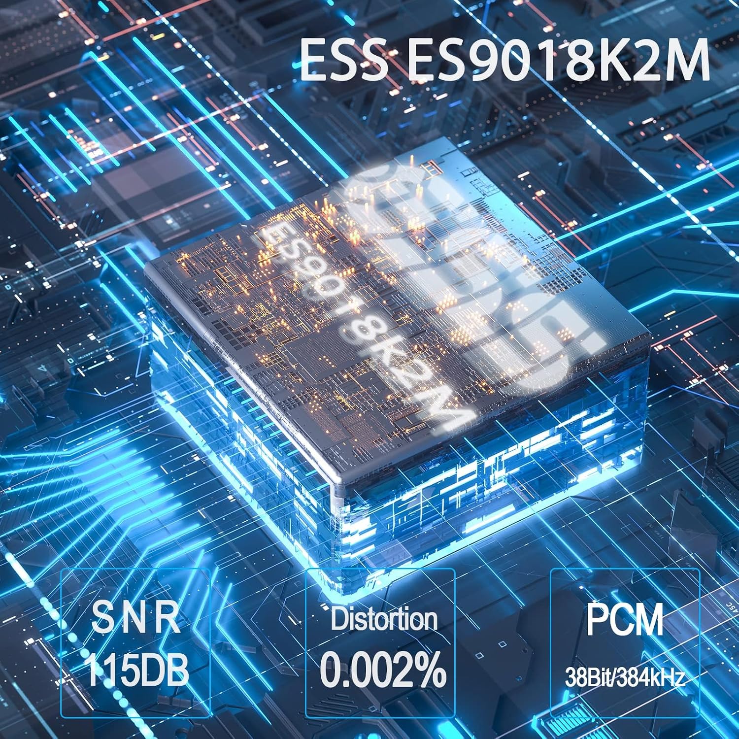 Close-up of the ESS ES9018K2M DAC chip inside the YMOO DS200