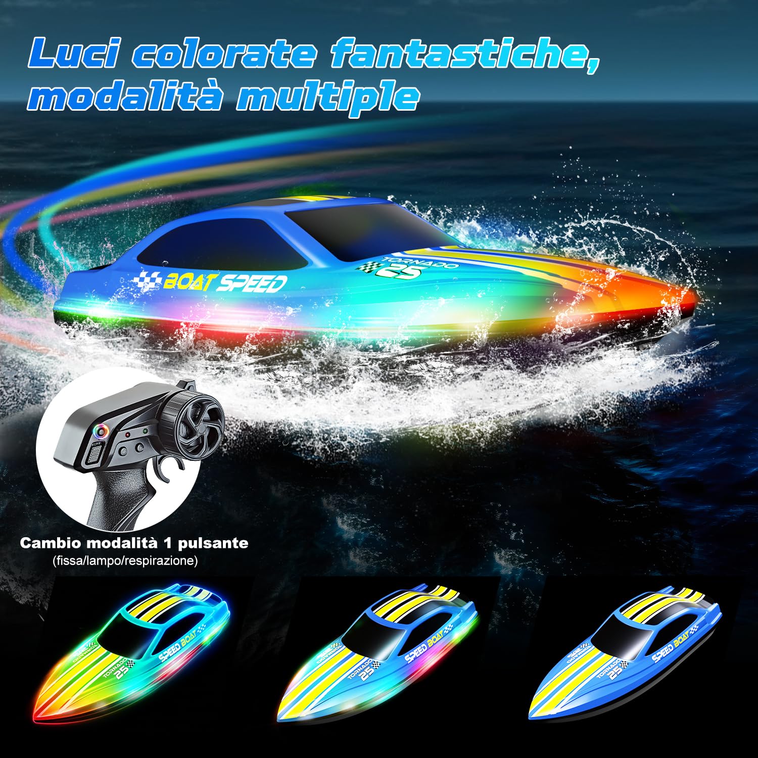 Barca Telecomandata per Bambini, 2.4GHz RC Boat con 7 Luci LED | Max 15km/h, doppia batteria 240min, anti-ribaltamento, raggio 80m, Per piscina e laghi (no salata), Regalo per bambini