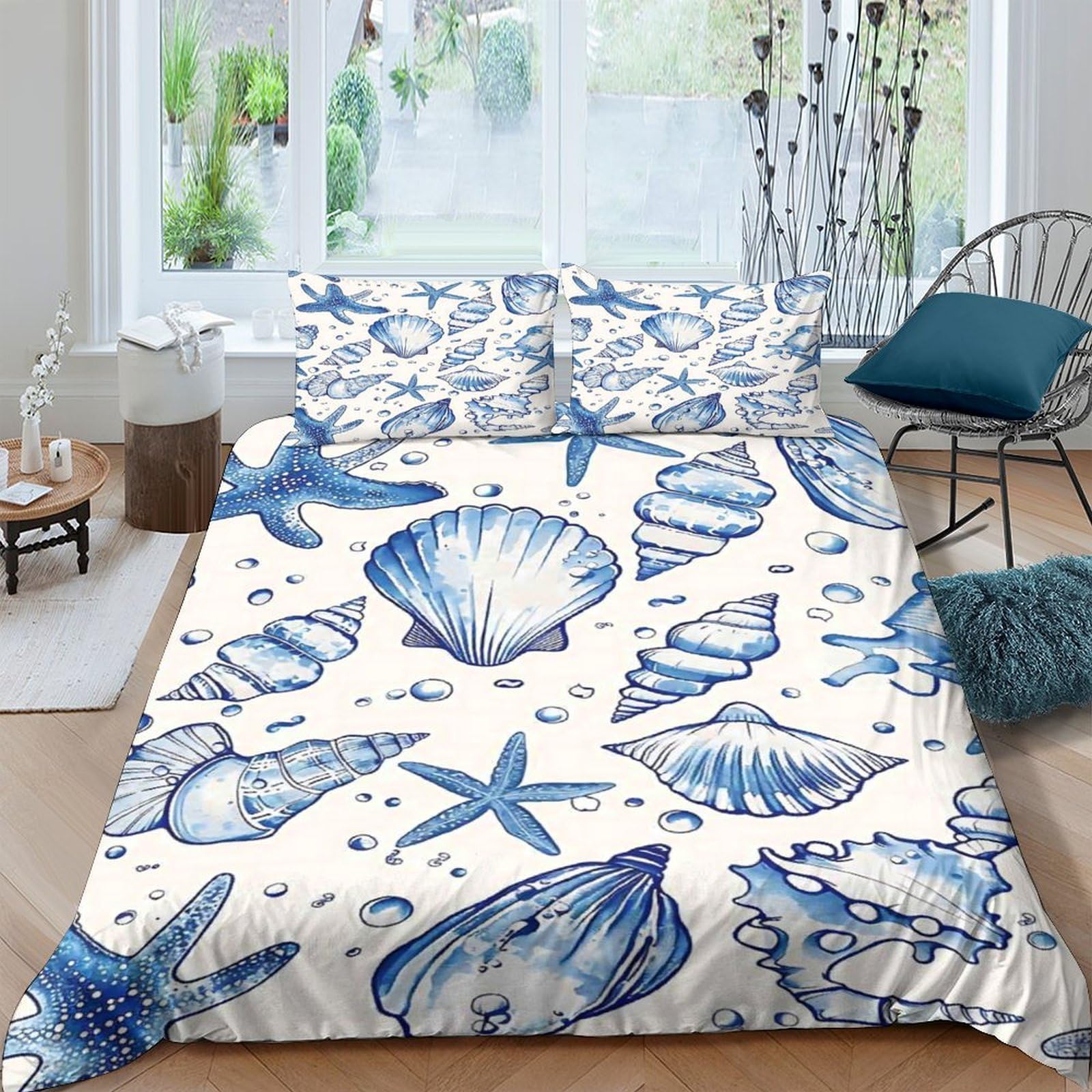 Ctjqhvkz Style-4 3D Printed Seashell Ocean Fitted Sheet Microfiber Soft Blue Starfish Mattress Cover For Bedroom Guest Room Home Decor Single（135X200cm）