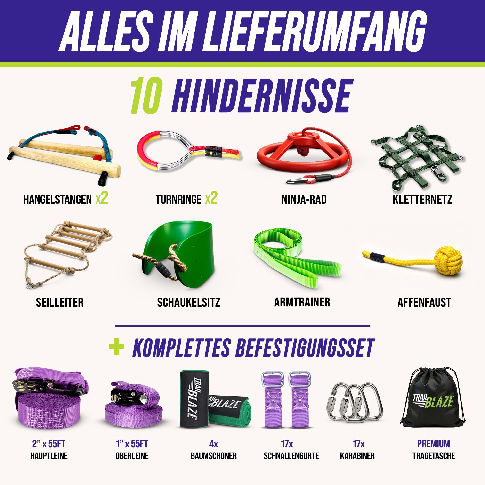 Trailblaze Ninja Warrior Hindernisparcours für Kinder – Fitnessgerät für den Garten mit 2 x 16,8 m Slacklines und 10 wetterfesten Hindernissen – Ninja Parcours für draußen