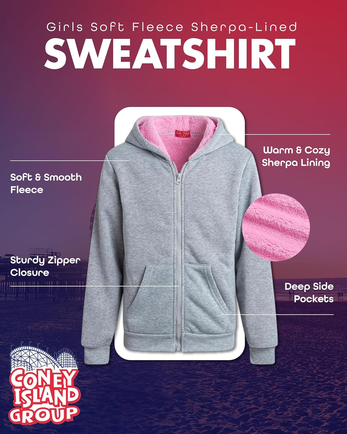 Coney Island Girls Hoodie - Cozy Soft Fleece Sherpa Lined Hoodie Zip Up Sweatshirt for Girls - Size Up for Better Fit - Image 4