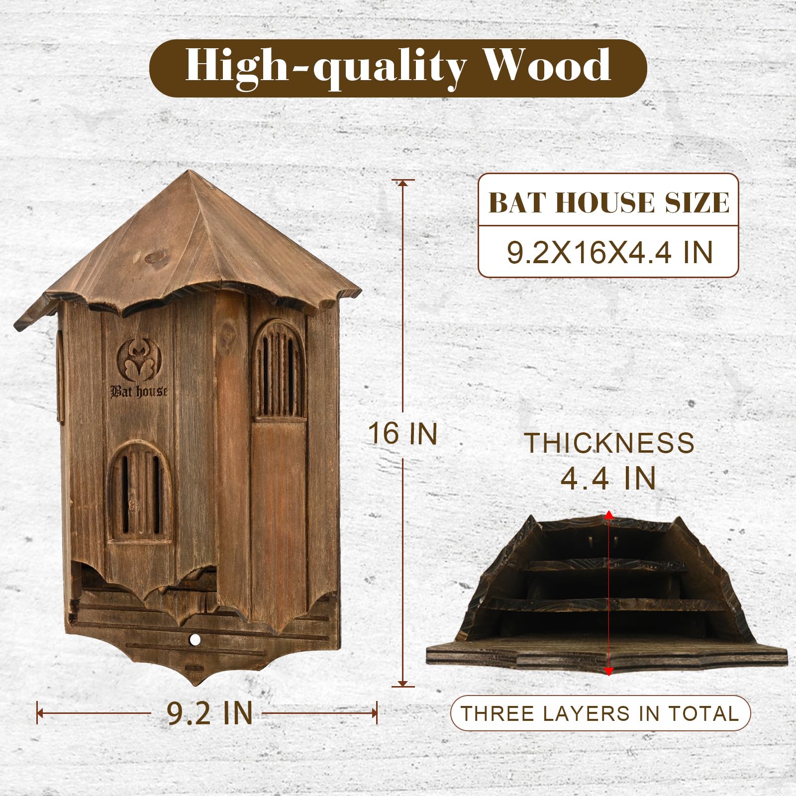 VIREESR Casas de madera para murciélagos de castillo para exteriores, cajas de murciélagos para exteriores, caja grande de tres cámaras perfectamente diseñada para atraer murciélagos, duraderas y