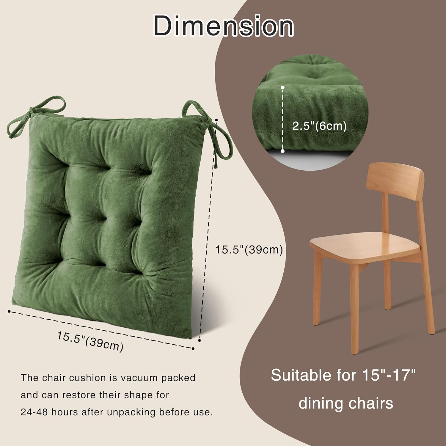OVOV 4 Pack Chair Cushions for Dining Chairs Soft Seat Cushions for Kitchen Desk Chairs Square Chair Pads with Ties (15.5"x15.5" Green)
