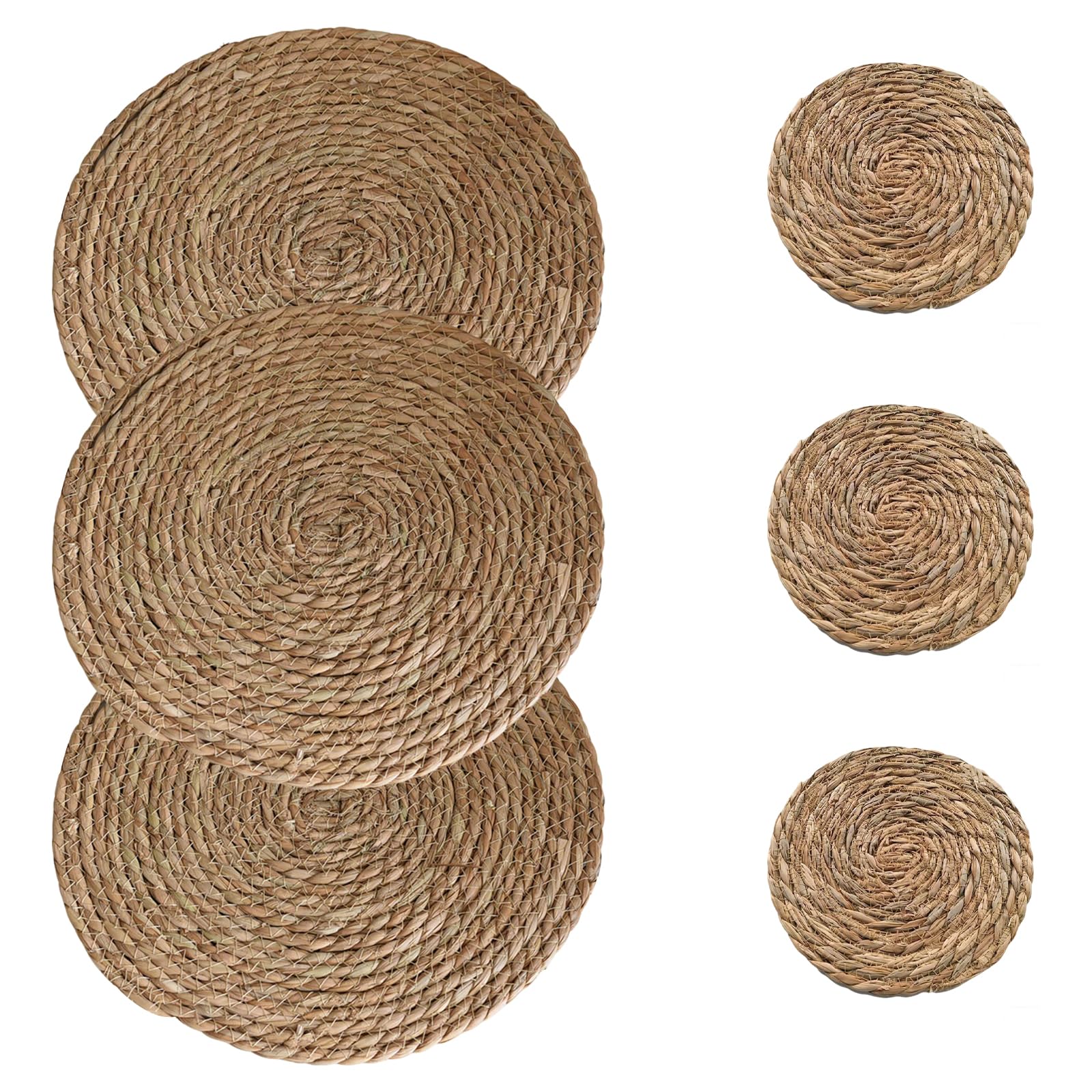 Yongyann Brown 6Pcs Round Woven Placemats Set Of 3, 30Cm Natural Cattail Rattan
