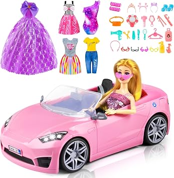 76 Pcs Doll & Convertible Car Playset,Included 11.5 in Dol-l,Car,Princess Dresses,Fashion Dresses,Casual Clothing,Swimsuits,Bags,Shoes,Doll Playset,Doll Dress up Toys for Girls Kids Toddlers Gifts