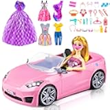 76 Pcs Doll & Convertible Car Playset,Included 11.5 In Doll,Doll Car,Princess Dresses,Fashion Dresses,Casual Clothing,Swimsuits,Bags,Shoes,Doll Playset,Doll Dress up Toys for Girls Kids Toddlers Gifts
