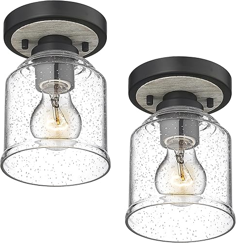 Miniatura 1 de XDD014-1-BK2 - Paquete de 2 lámparas de techo semiempotradas con pantalla de vidrio semillado, lámparas de techo de madera clara de 5 pulgadas para