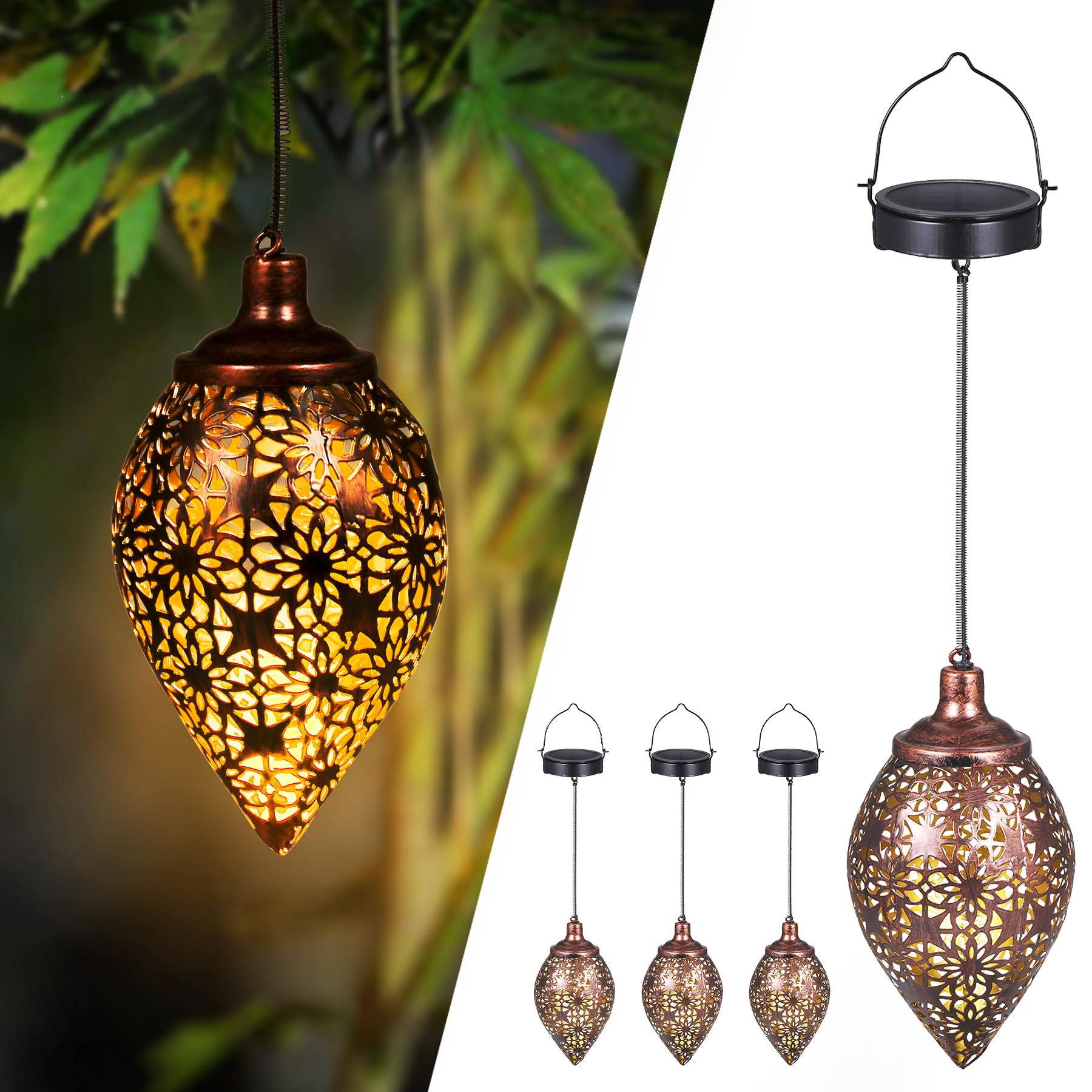 Görvitor Lanterna solare per esterni, 4 pezzi, in metallo, per esterni, IP44, impermeabile, orientale, per esterni, da appendere, per decorazione da giardino, terrazza, patio, albero, campeggio, prato