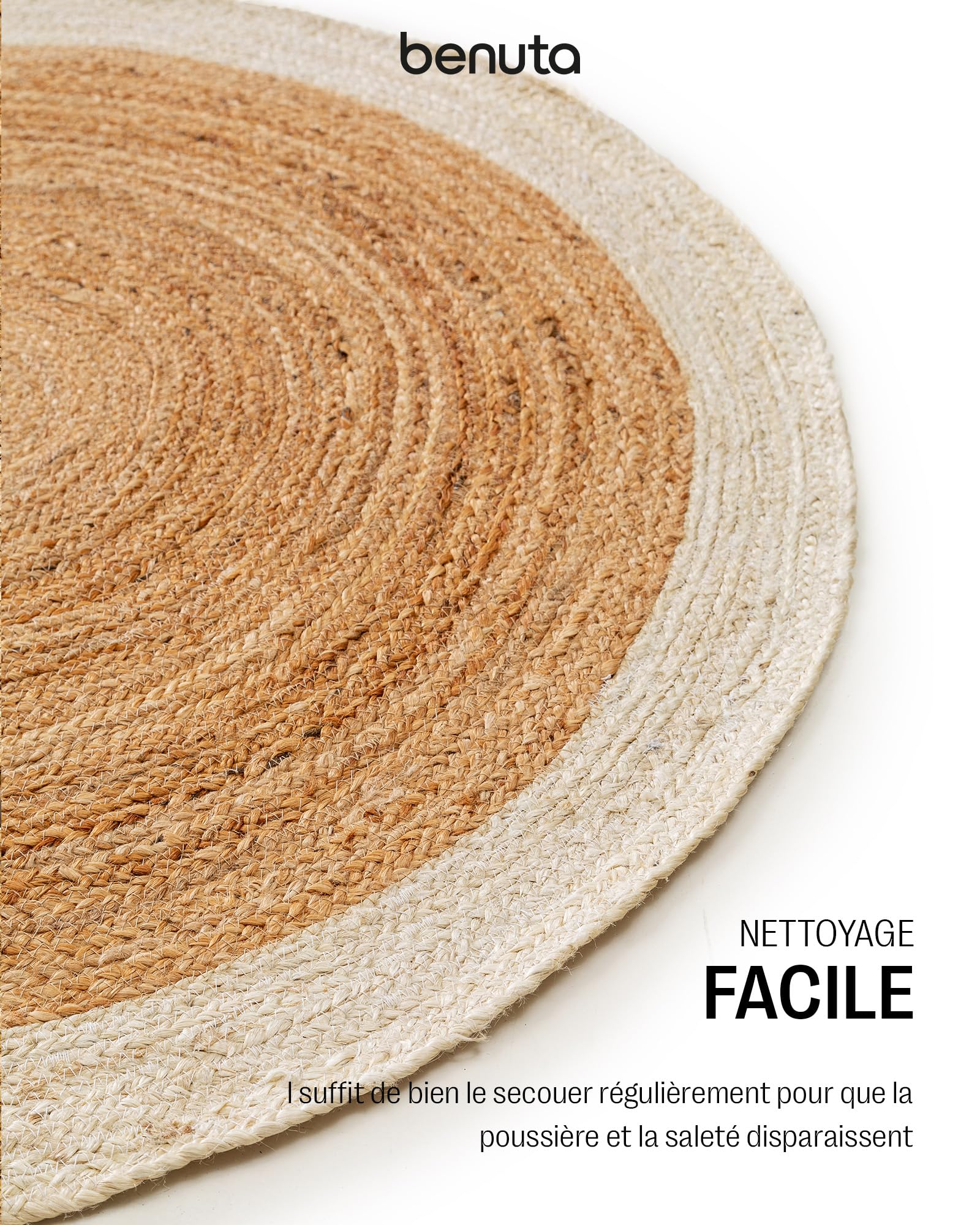 benuta Pure Jute Tapis Jutta - Naturel - Rond - 115 cm - Tapis de salon tissé à la main - Design bohème naturel - Convient pour chauffage au sol