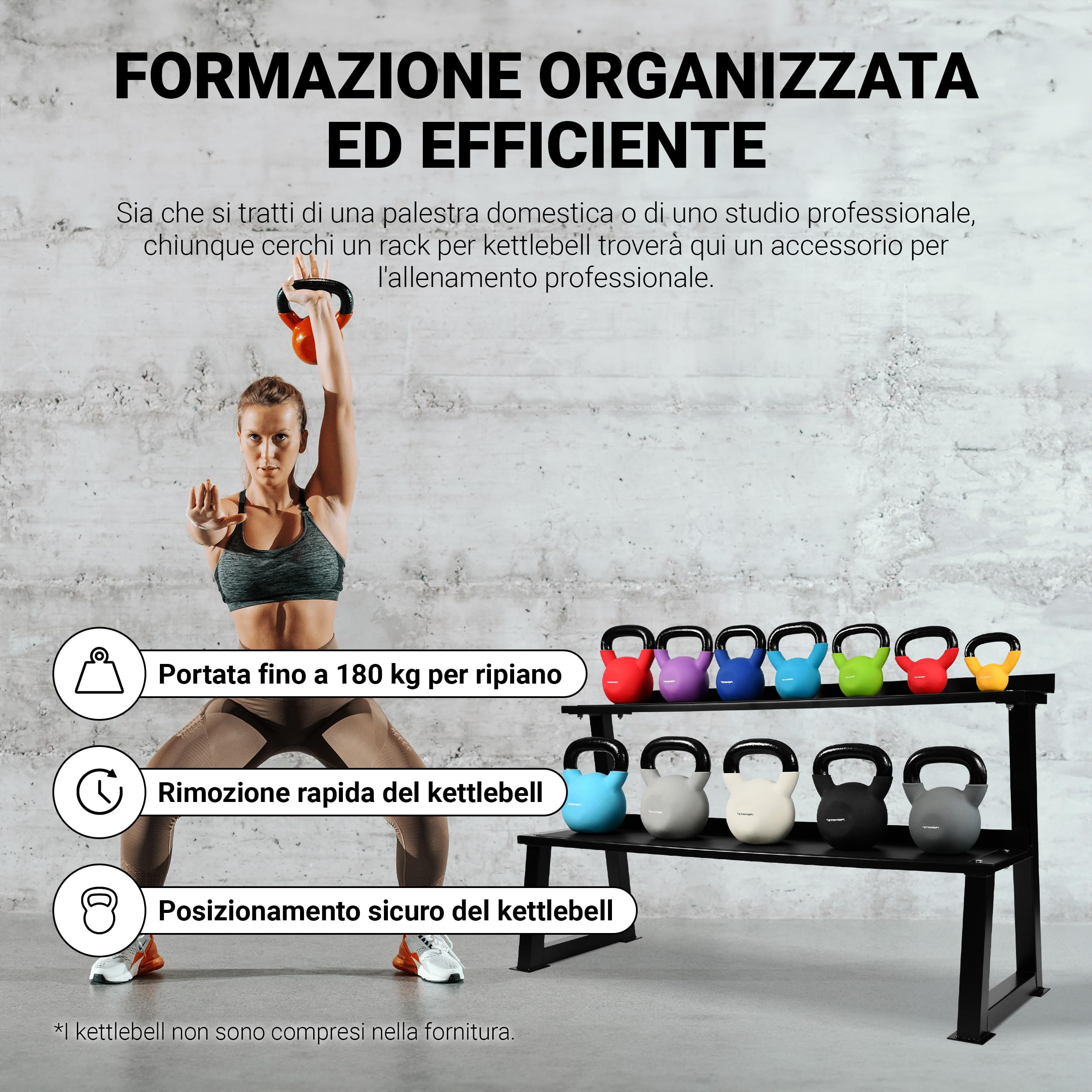 Kettlebell Rack I 2 Livelli – per 14 manubri a Sfera, ripiano per Kettlebell