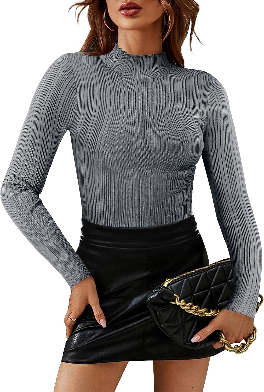 Women’s Turtleneck Bodysuit Outfits: Pullover Ribbed Long Sleeve Bodysuits – Fall 2024 Trendy Thong Body Suits Tops