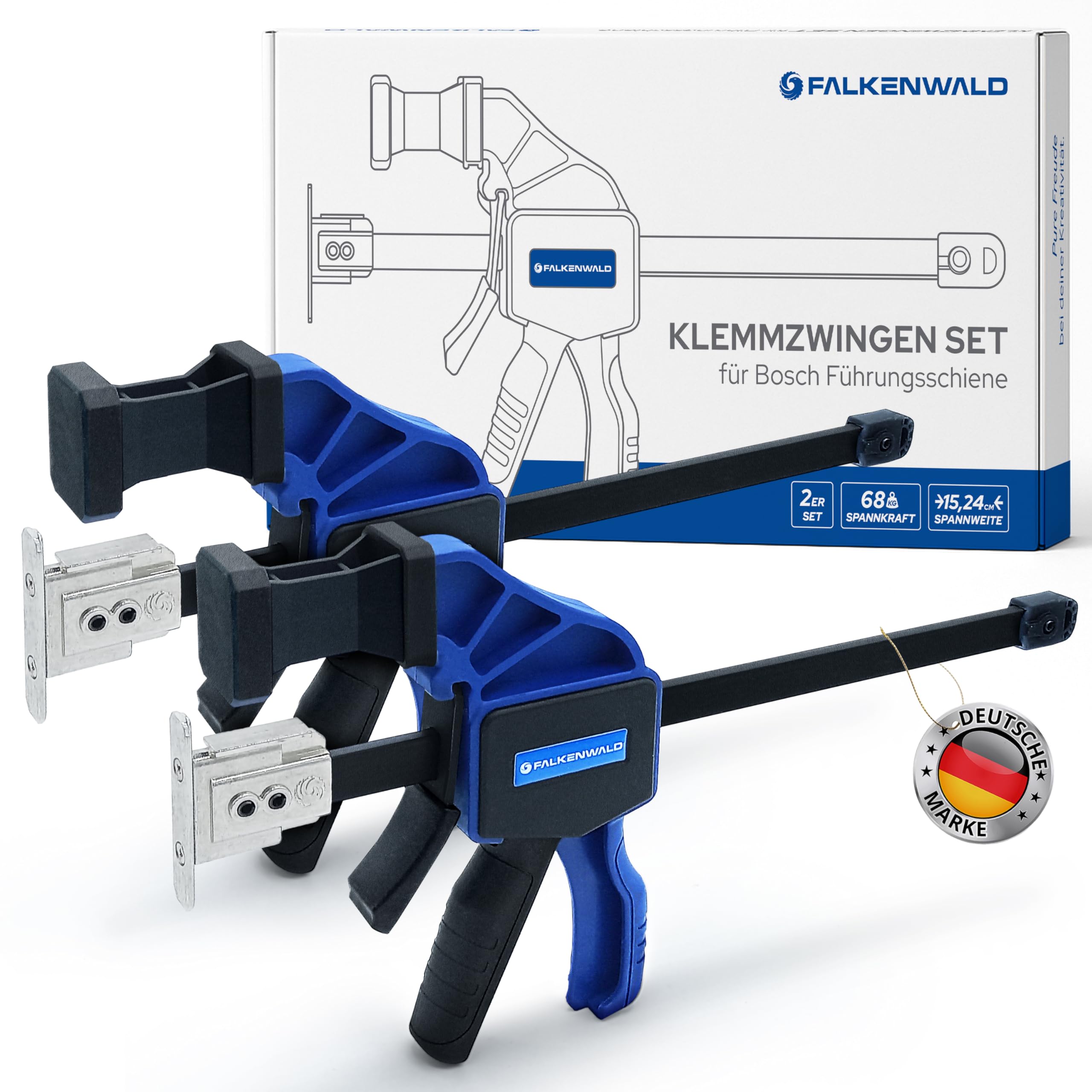 Falkenwald® Einhandzwinge Set 2 Stück für Bosch Führungsschiene - Zum Spannen, Dehnen, Fixieren mit einer Hand - Klemmzwinge für Bosch Führungsschiene - Spannzwinge Zwingen Einhandzwingen