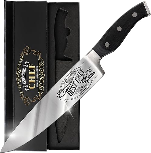 Cuchillo de chef de alta calidad para regalo, grabado Best Chef, cuchillo de cocina de acero al carbono de 8 pulgadas con mango de madera de Pakka,
