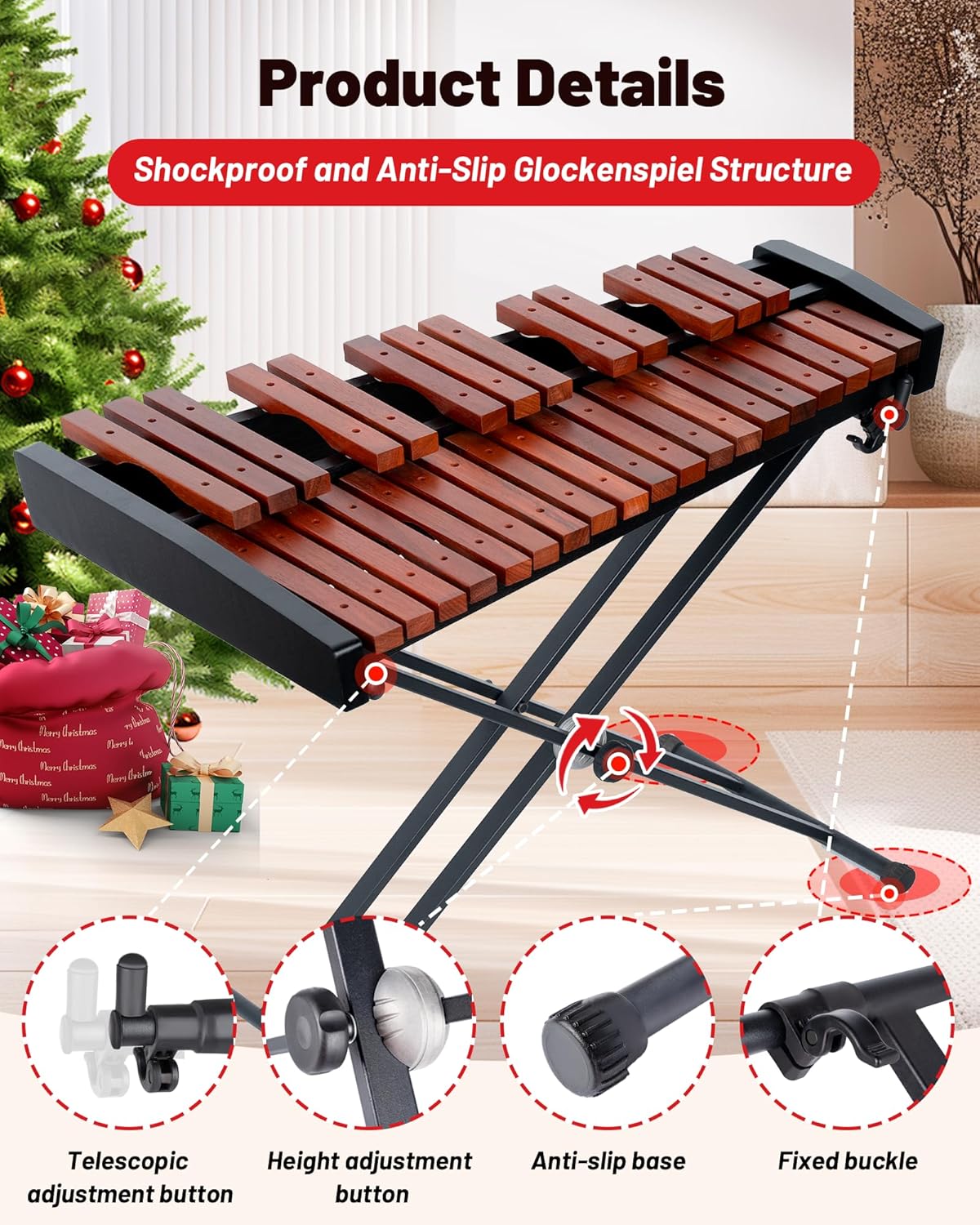 32-Key Wooden Xylophone& Marimba Set with Adjustable Stand | Professional Glockenspiel Percussion Instrument Kit | Includes 2 Pairs of Mallets & Bag
